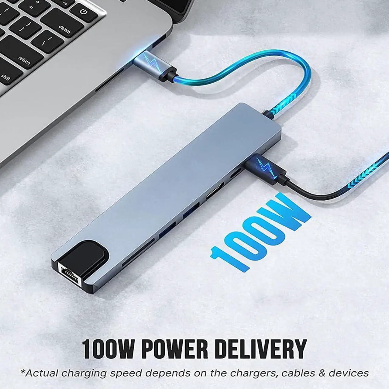 Alt view image 4 of 7 - 8 in 1 USB C Hub with 4K HDMI, 100W PD, USB 3.0, USB2.0, TF/SD Card Reader, TF/SD Card Reader, Ethernet, Ultra Slim Portable USB Splitter Adapter for Laptop, HDD, Printer, Mouse, Keyboard