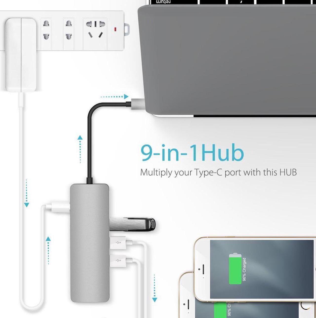 Alt view image 4 of 7 - USB C 9-in-1 Multi Port Adapter/Hub: USB C 3.1 (Supports PD Charging) to USB C + USB 3.0 + HDMI + RJ45 + Micro/SD Card Reader for Chromebook, MacBook Pro 2019, 2018, 2017 (9-in-1)