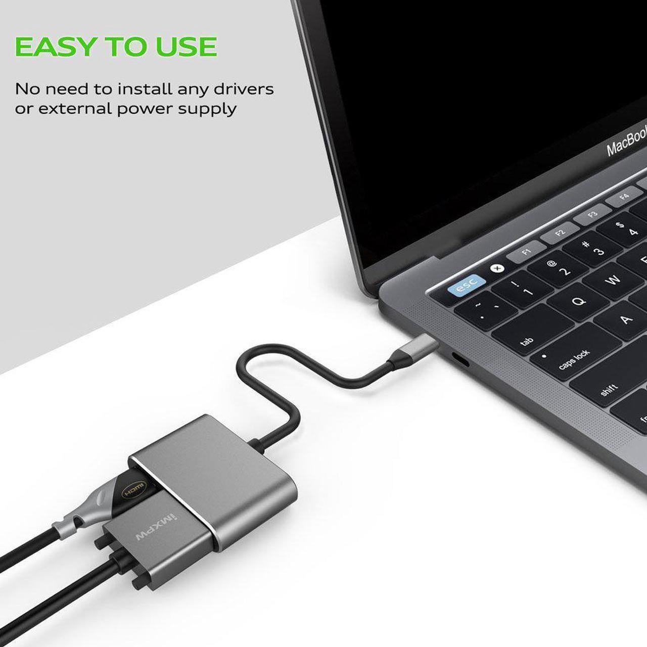 Alt view image 2 of 7 - Aluminum USB C to HDMI VGA Adapter for Surface Pro 7, MacBook Pro, Dell XPS 13, and More - Thunderbolt 3 Port Compatible, Gray