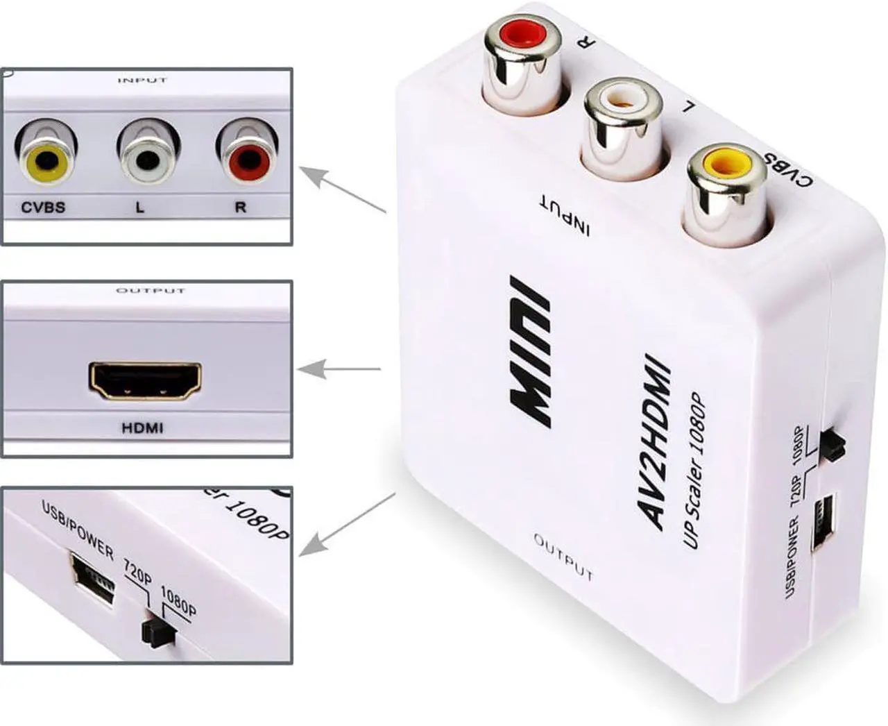Alt view image 3 of 7 - RCA to HDMI, 1080P Mini RCA Composite CVBS AV to HDMI Video Audio Converter Adapter with USB Power Cable for PC Laptop Xbox PS4 PS3 TV STB VHS VCR Camera DVD - White