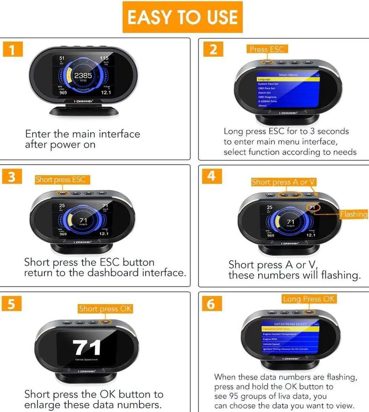 Alt view image 6 of 7 - On-Board Computer obd2 KONNWEI KW206 OBD2 Auto Car OBD2 Scanner Fuel Consumption Water Temperature Gauge HUD Digital Display for All 1996 and Newer Cars