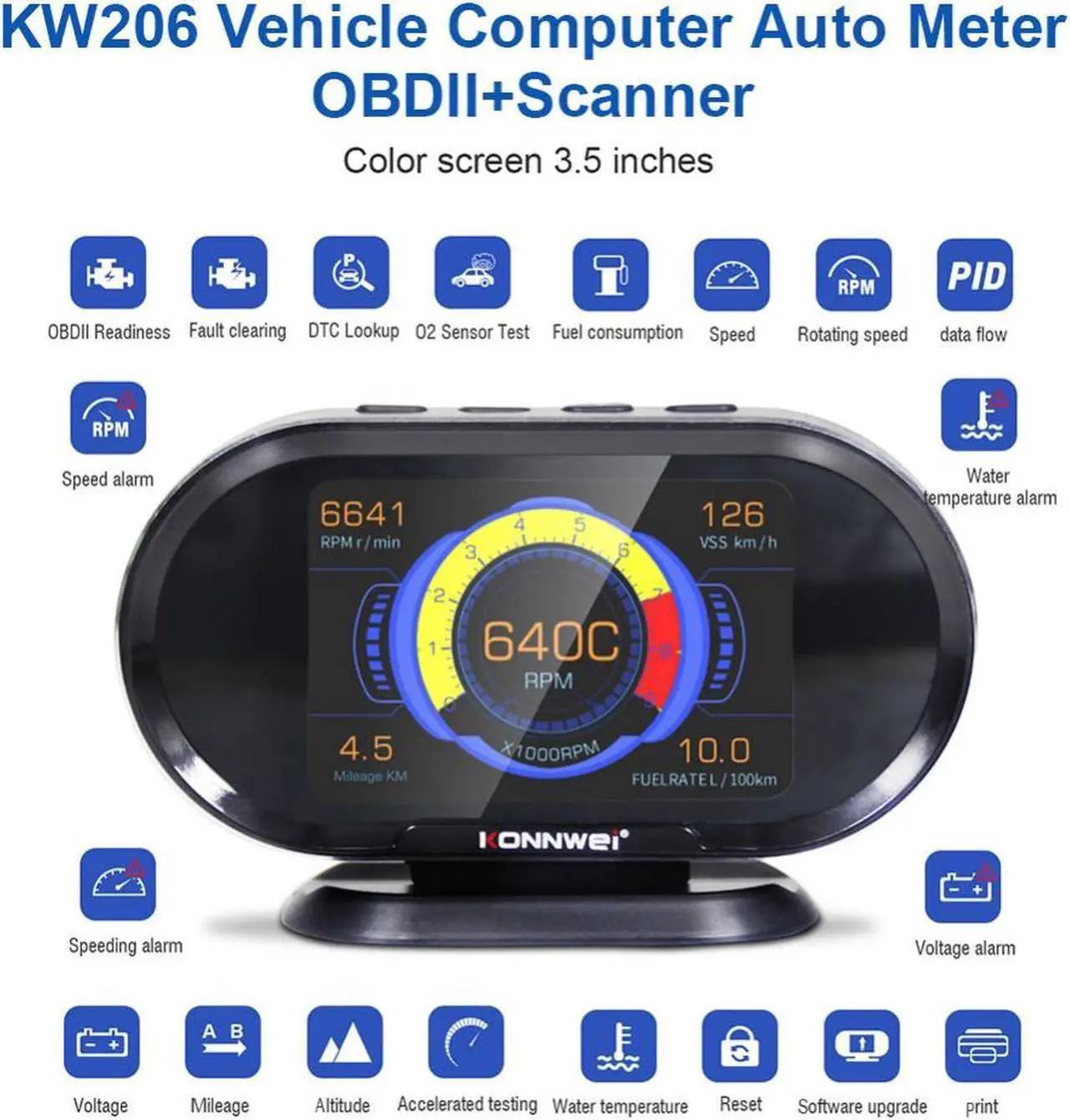Alt view image 2 of 7 - On-Board Computer obd2 KONNWEI KW206 OBD2 Auto Car OBD2 Scanner Fuel Consumption Water Temperature Gauge HUD Digital Display for All 1996 and Newer Cars