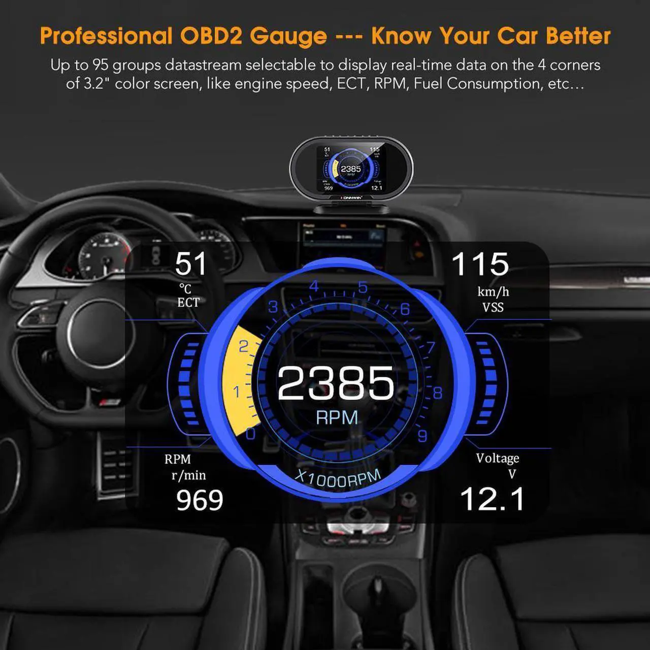 Alt view image 4 of 7 - On-Board Computer obd2 KONNWEI KW206 OBD2 Auto Car OBD2 Scanner Fuel Consumption Water Temperature Gauge HUD Digital Display for All 1996 and Newer Cars
