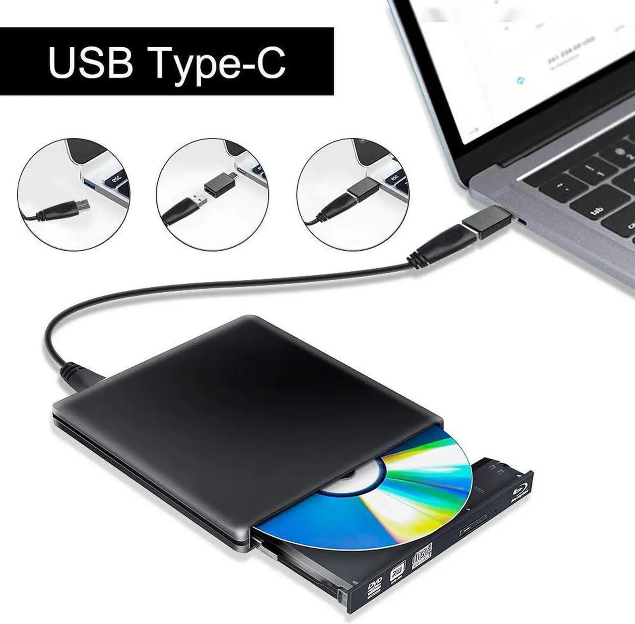 Alt view image 2 of 7 - External Blu Ray Drive, External Blu Ray DVD Drive USB3.0 USB C 3D Bluray Drive Player Burner Writer for Laptop/Mac/MacBook Pro/Air/PC/Windows MacBook Mac Linux OS Apple , Black