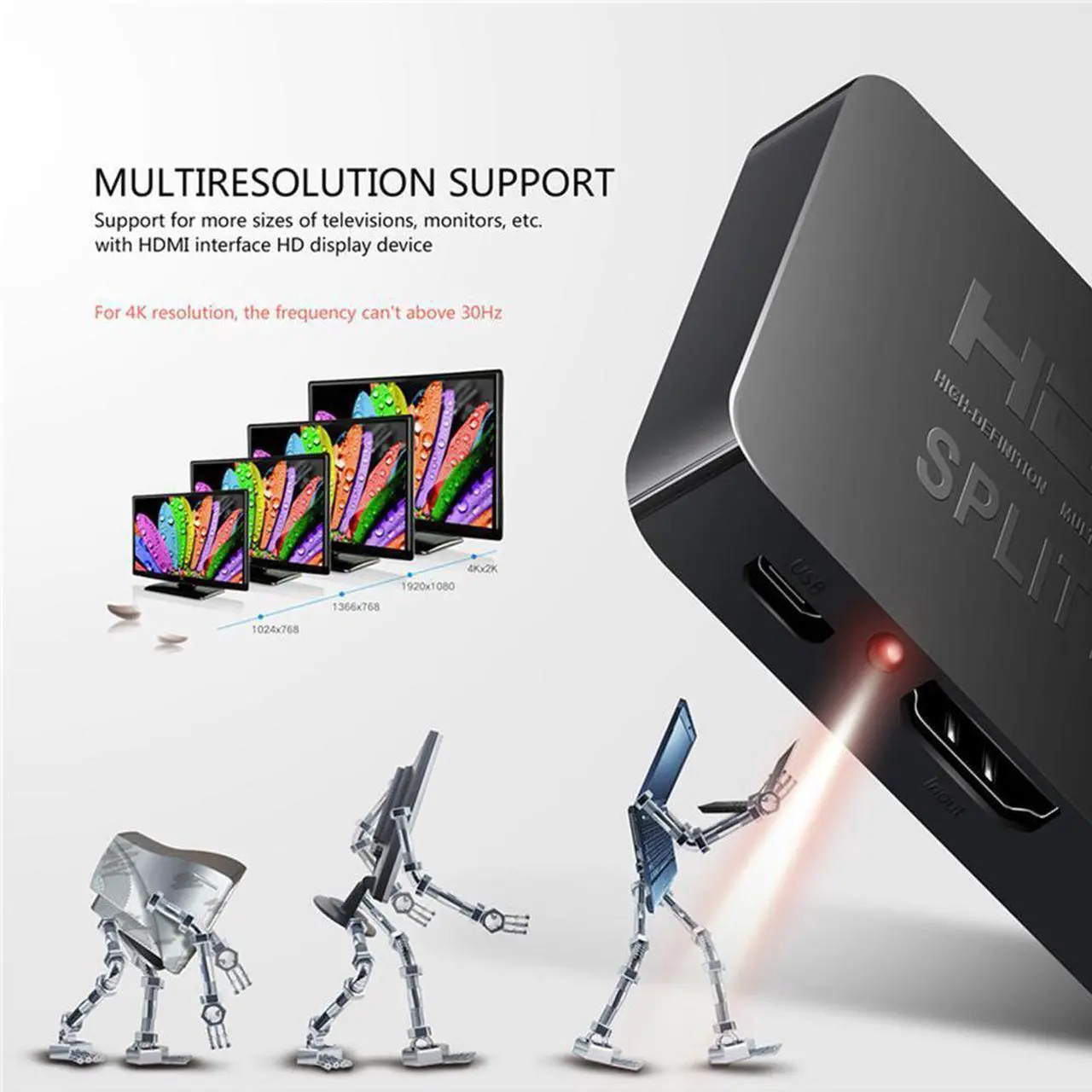 Alt view image 5 of 7 - 4K@30Hz HDMI Splitter 1 in 2 Out, 1x2 Powered HDMI Splitter for Dual Monitors, Full HD HDMI 1080P/ 3D/ 4K Dual Monitors Duplicate/Mirror for PS4 Fire Stick HDTV