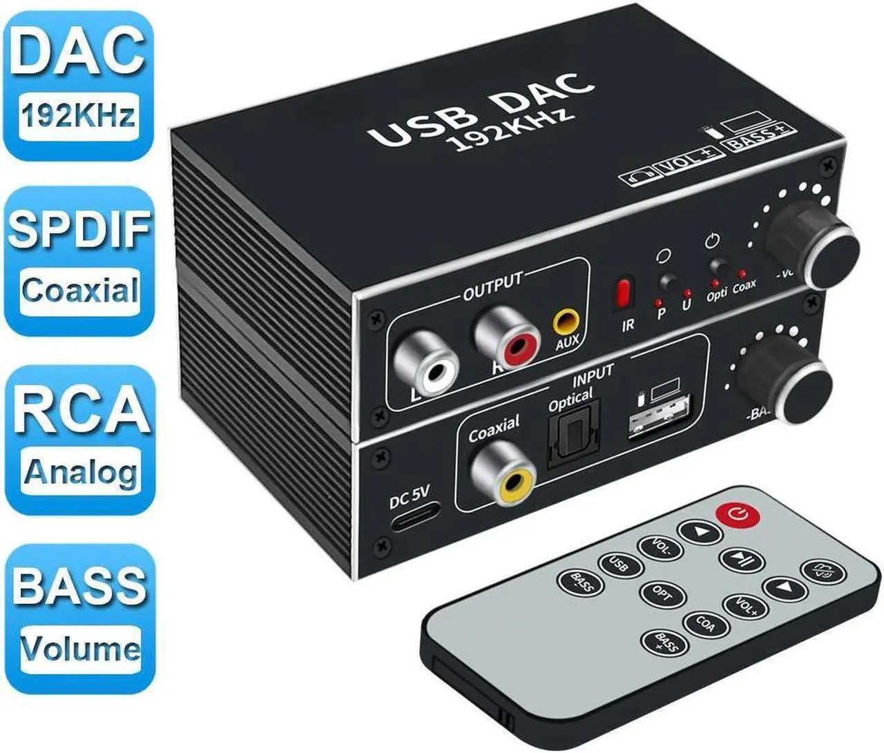 Main image of Digital to Analog Audio Converter,  192kHz Aluminum DAC Converter Volume Control, Digital Optical Coaxial Toslink to Analog Stereo L/R RCA 3.5mm Adapter for TV DVD PS4 Xbox Amp Cinema