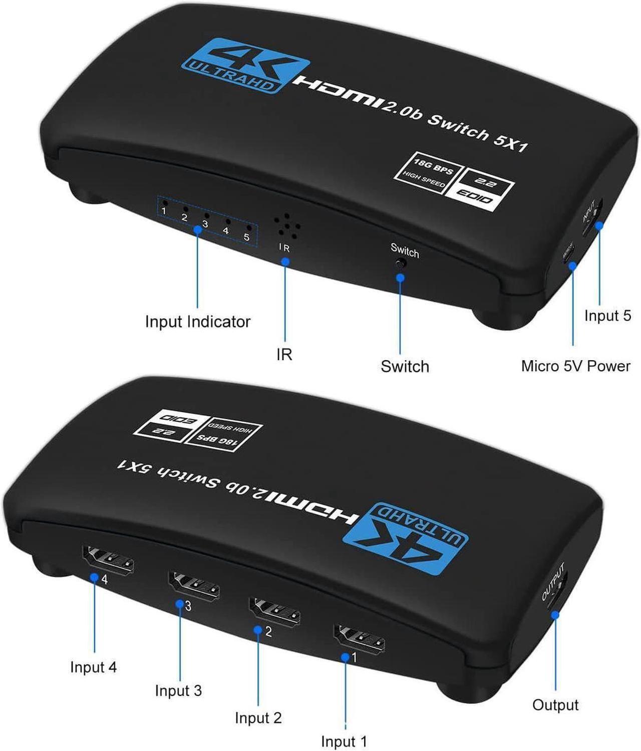 Alt view image 2 of 7 - 4K@60Hz HDMI Switch 5 in 1 Out w/IR Remote Control, 5 Port Switcher Selector Box for Xbox Nintendo PS5 PS4 TV Fire Stick Roku Supports Ultra HD Dolby Vision, 18.5Gbps, HDR10, HDCP 2.2 & 3D - OZQ3-5