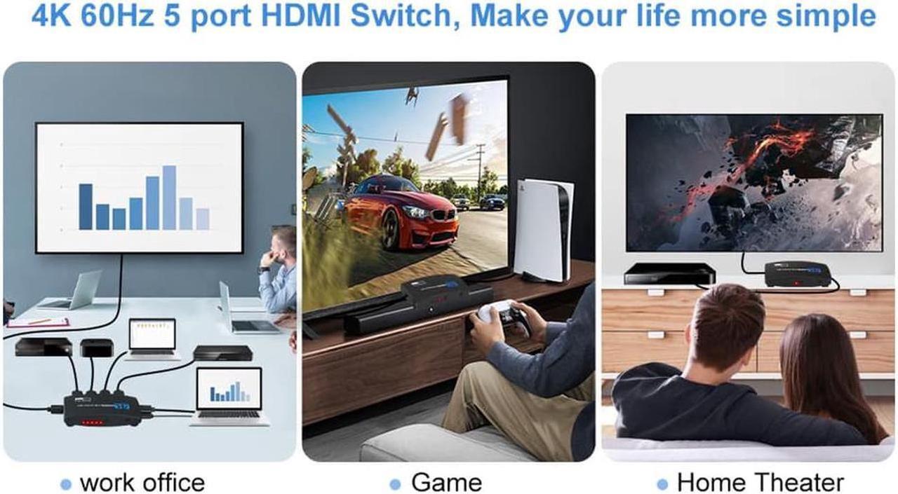 Alt view image 7 of 7 - 4K@60Hz HDMI Switch 5 in 1 Out w/IR Remote Control, 5 Port Switcher Selector Box for Xbox Nintendo PS5 PS4 TV Fire Stick Roku Supports Ultra HD Dolby Vision, 18.5Gbps, HDR10, HDCP 2.2 & 3D - OZQ3-5