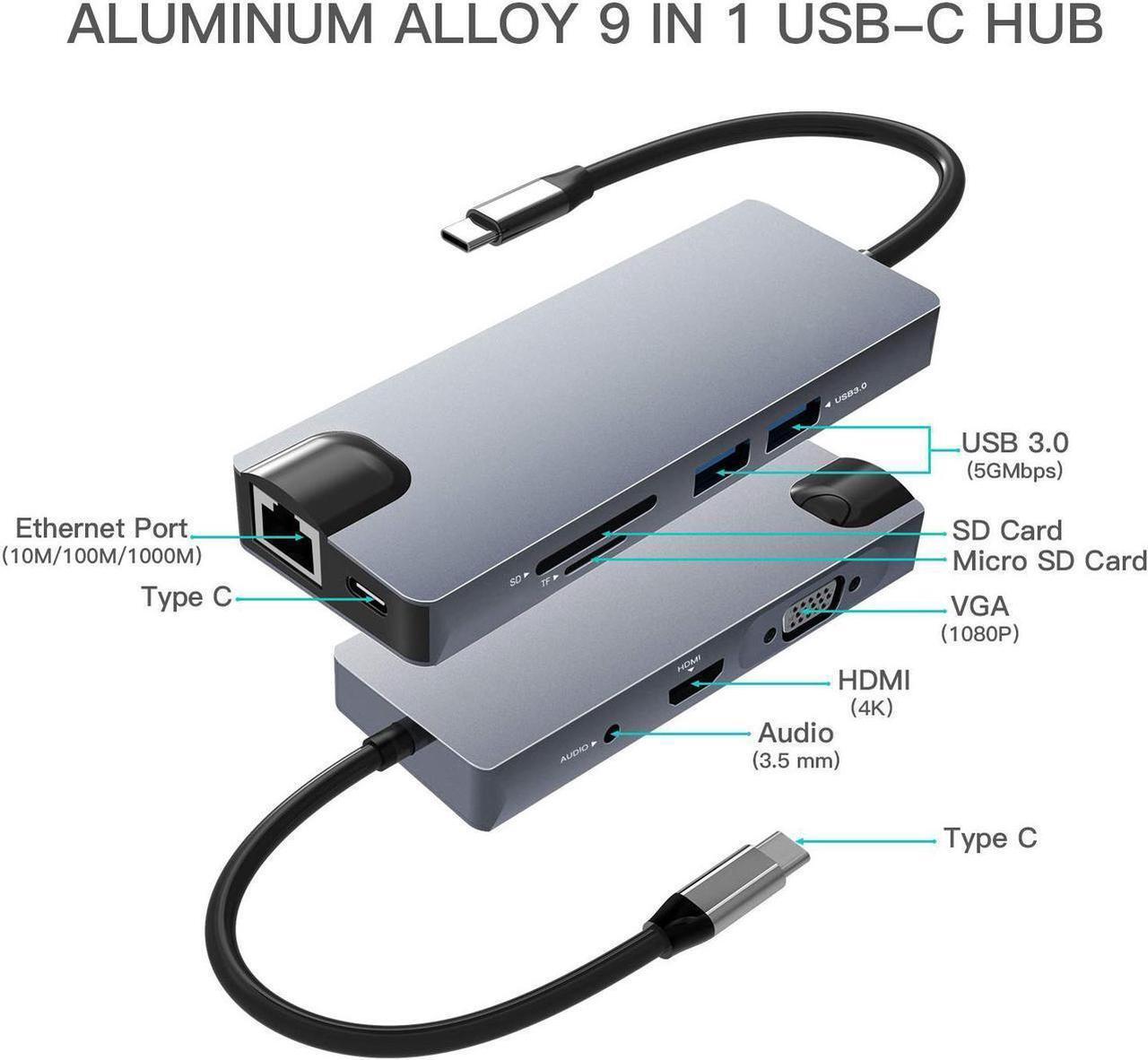 Alt view image 3 of 7 - Updated USB C Hub, 9 in 1 Type C Adapter Dock with Giga Ethernet, 4K@30Hz USBC to HDMI, 1080P VGA, 2 USB3.0, 60W PD 3.0, SD TF Card Reader, Audio/Mic, for MacBook Pro and Other Type C Laptops