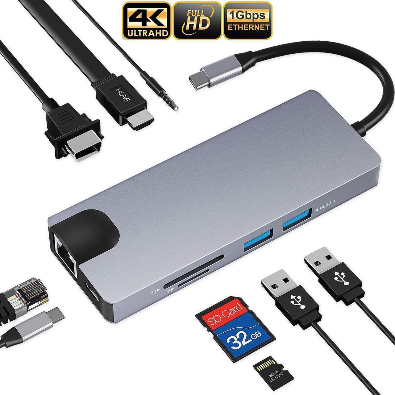 Main image of Updated USB C Hub, 9 in 1 Type C Adapter Dock with Giga Ethernet, 4K@30Hz USBC to HDMI, 1080P VGA, 2 USB3.0, 60W PD 3.0, SD TF Card Reader, Audio/Mic, for MacBook Pro and Other Type C Laptops