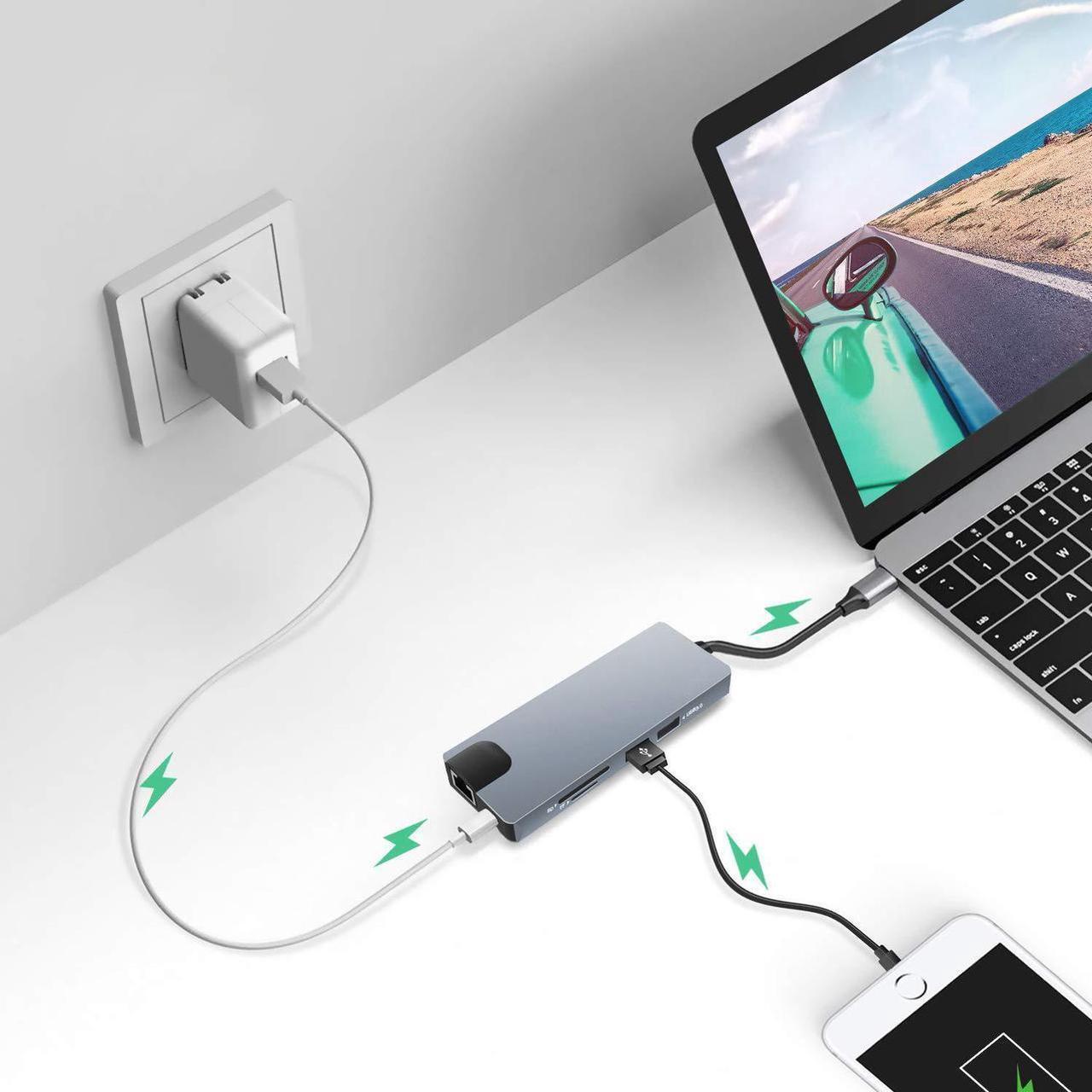 Alt view image 4 of 7 - Updated USB C Hub, 9 in 1 Type C Adapter Dock with Giga Ethernet, 4K@30Hz USBC to HDMI, 1080P VGA, 2 USB3.0, 60W PD 3.0, SD TF Card Reader, Audio/Mic, for MacBook Pro and Other Type C Laptops