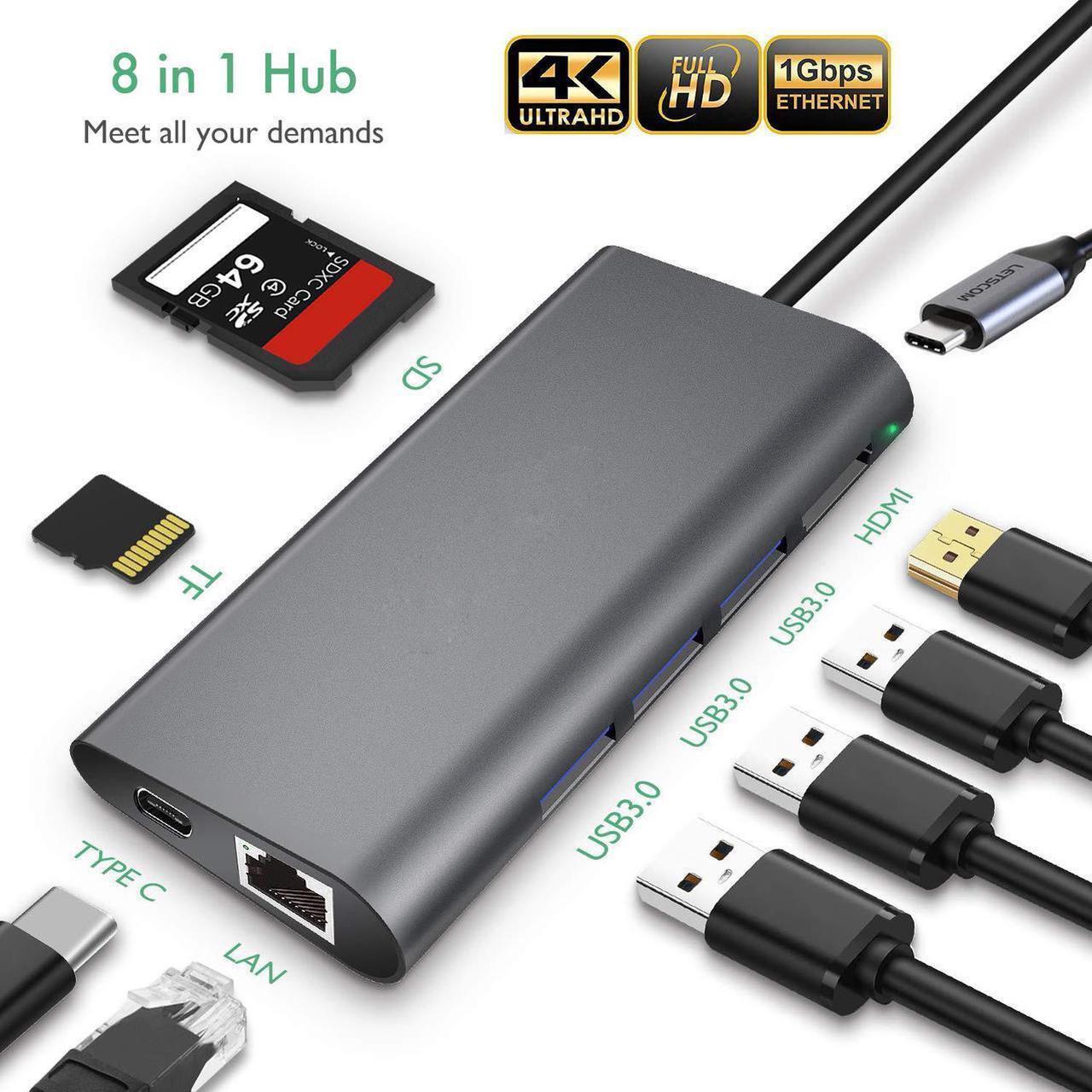 Main image of USB-C Hub - 8 in 1 Ultra Compact Type C Dongle Compatible MacBook Pro, Chrome Pixel, HP, Dell XPS with 4K HDMI, USB3.0,Ethernet Port, USB-C Power Delivery, SD/TF Card Reader