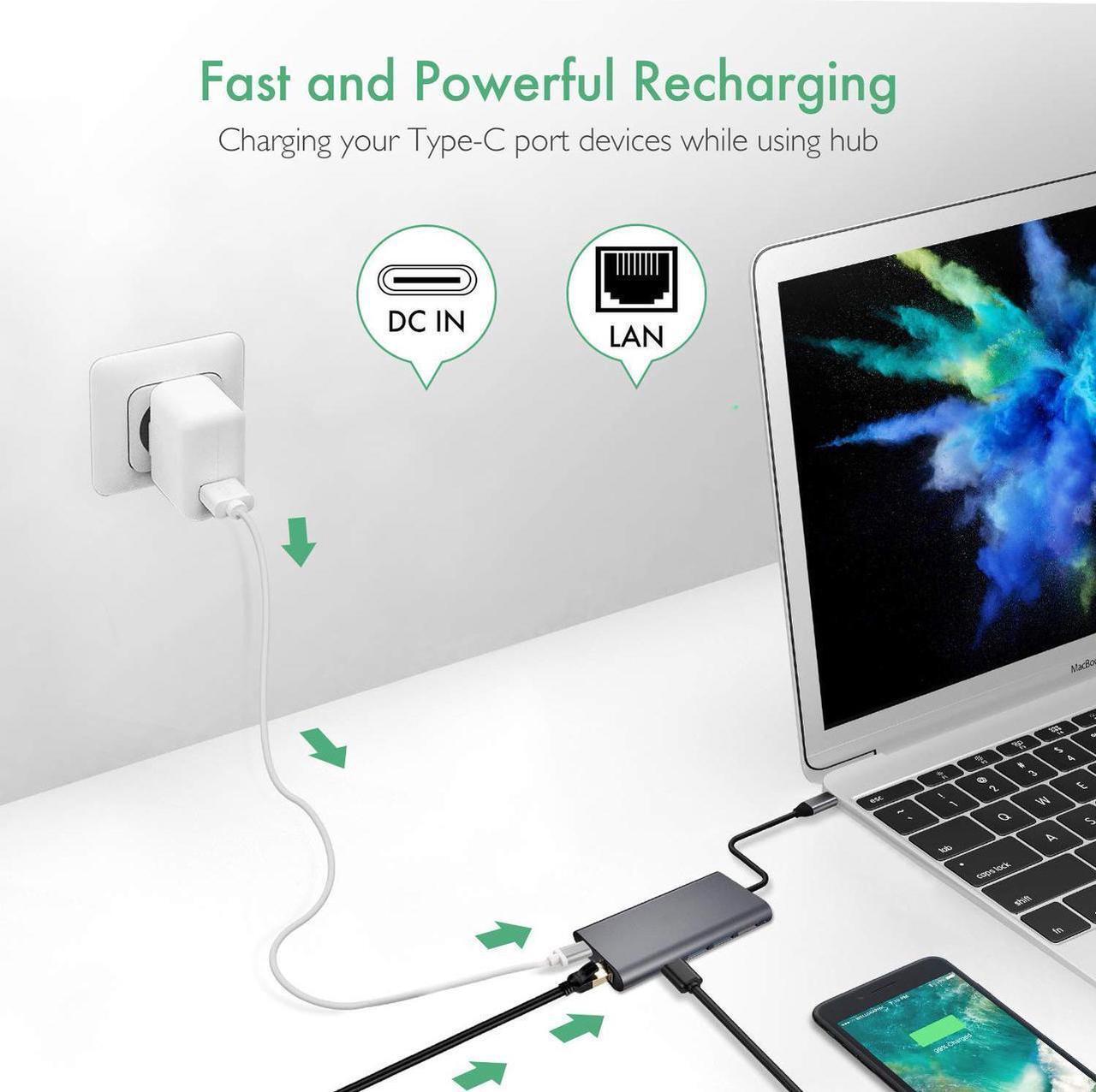 Alt view image 4 of 7 - USB-C Hub - 8 in 1 Ultra Compact Type C Dongle Compatible MacBook Pro, Chrome Pixel, HP, Dell XPS with 4K HDMI, USB3.0,Ethernet Port, USB-C Power Delivery, SD/TF Card Reader
