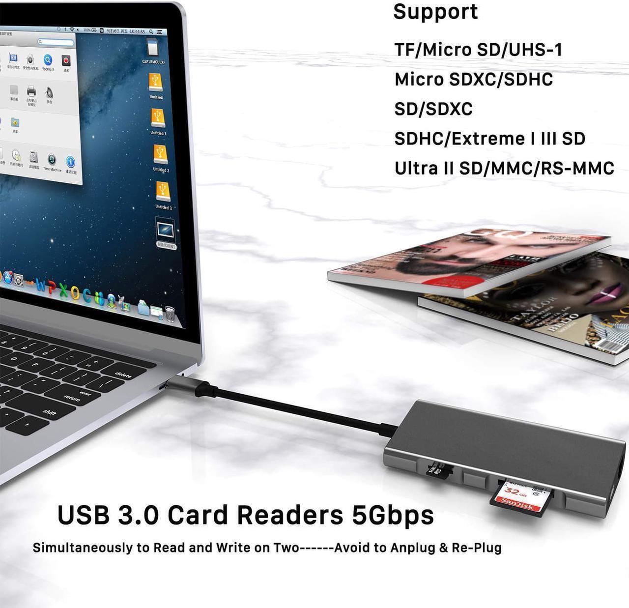 Alt view image 7 of 7 - USB-C Hub - 8 in 1 Ultra Compact Type C Dongle Compatible MacBook Pro, Chrome Pixel, HP, Dell XPS with 4K HDMI, USB3.0,Ethernet Port, USB-C Power Delivery, SD/TF Card Reader