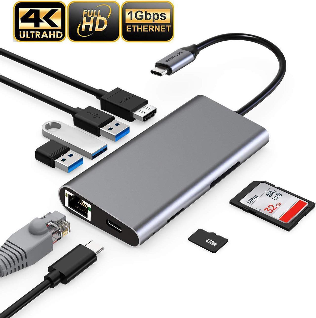 Alt view image 2 of 7 - USB-C Hub - 8 in 1 Ultra Compact Type C Dongle Compatible MacBook Pro, Chrome Pixel, HP, Dell XPS with 4K HDMI, USB3.0,Ethernet Port, USB-C Power Delivery, SD/TF Card Reader