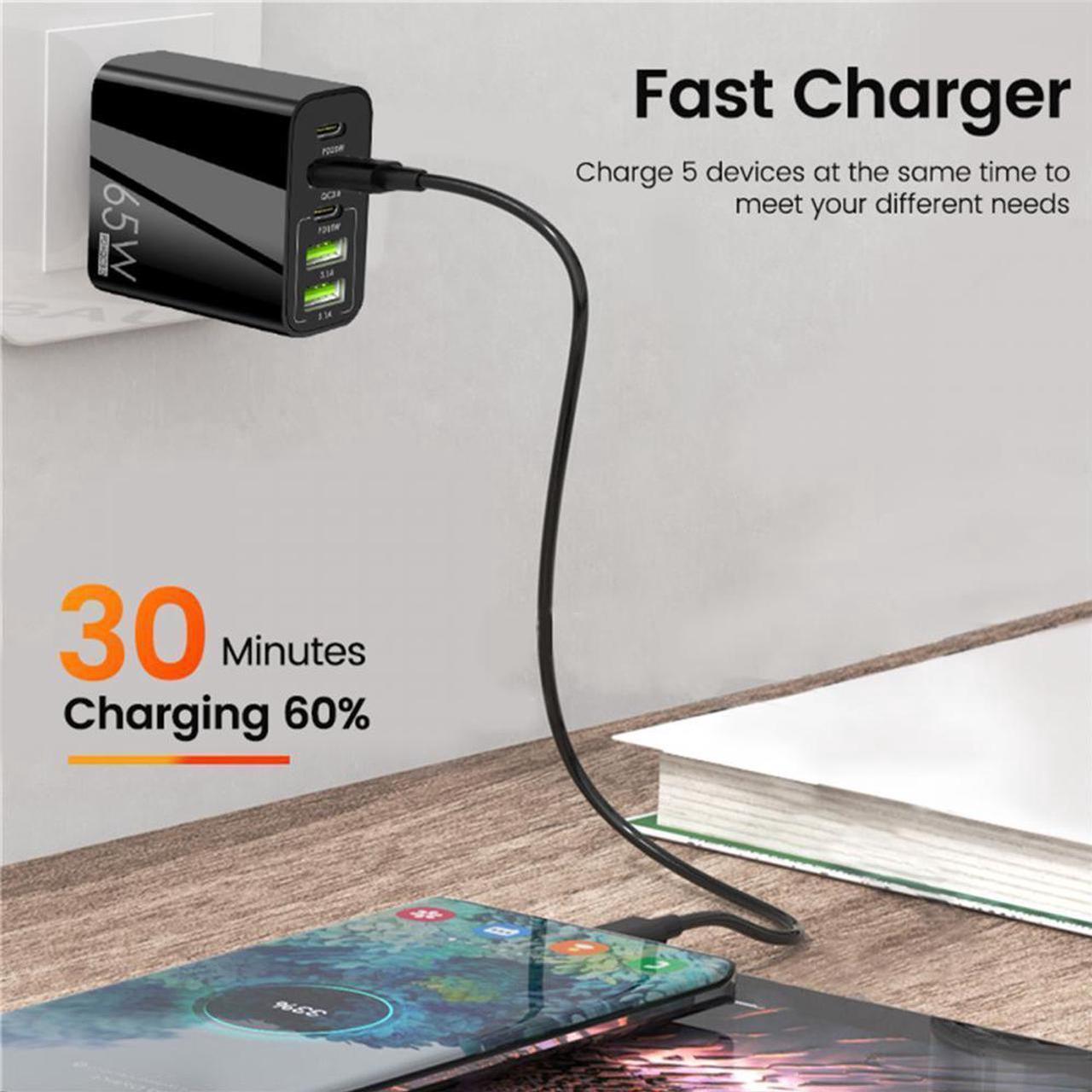 Alt view image 3 of 7 - USB C Charger, 65W GaN, iPad Charger, 5-Port Fast Compact for MacBook Pro/Air, iPad Pro, Galaxy S23, Dell XPS 13, Note 20/10+, iPhone 14/Pro, Steam Deck, and More- White