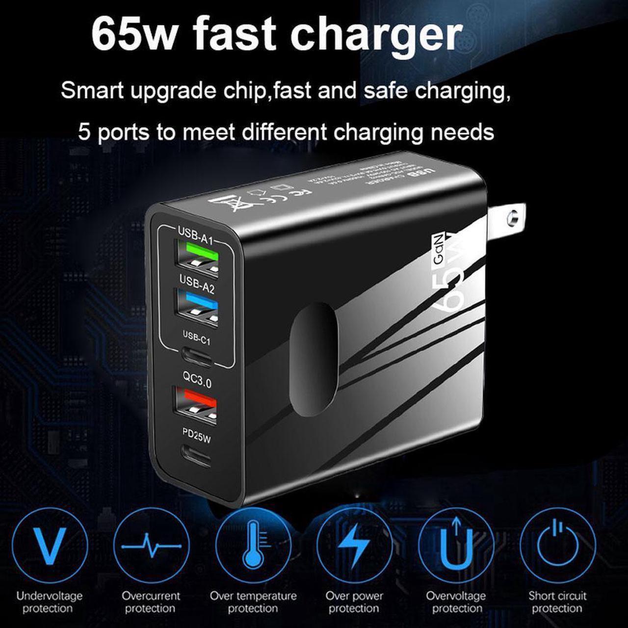 Alt view image 5 of 7 - USB C Charger, 65W GaN, iPad Charger, 5-Port Fast Compact for MacBook Pro/Air, iPad Pro, Galaxy S23, Dell XPS 13, Note 20/10+, iPhone 14/Pro, Steam Deck, and More- White