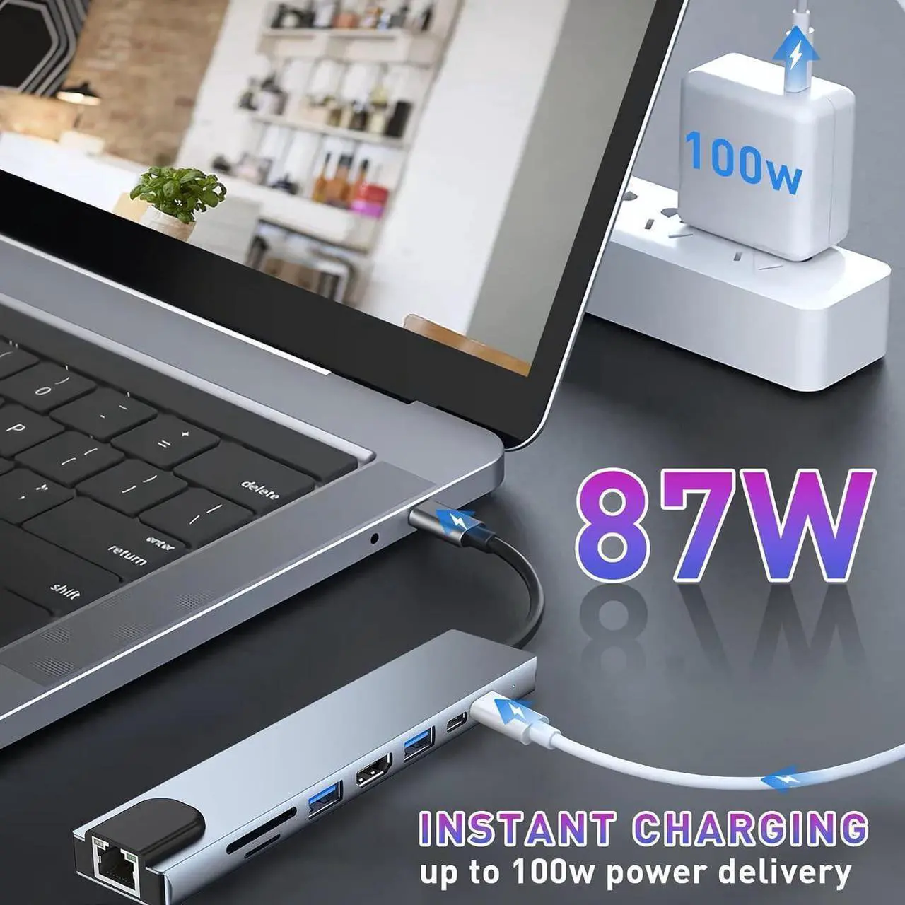 Alt view image 2 of 7 - USB C Hub, 8 in 1 USB Adapter,USB C Splitter with 4K HDMI, USB-A 3.0&2.0 Ports, TF/SD Card Reader, USB-C, 100W PD,10/100M Ethernet Adapter for Laptop and PC Computer