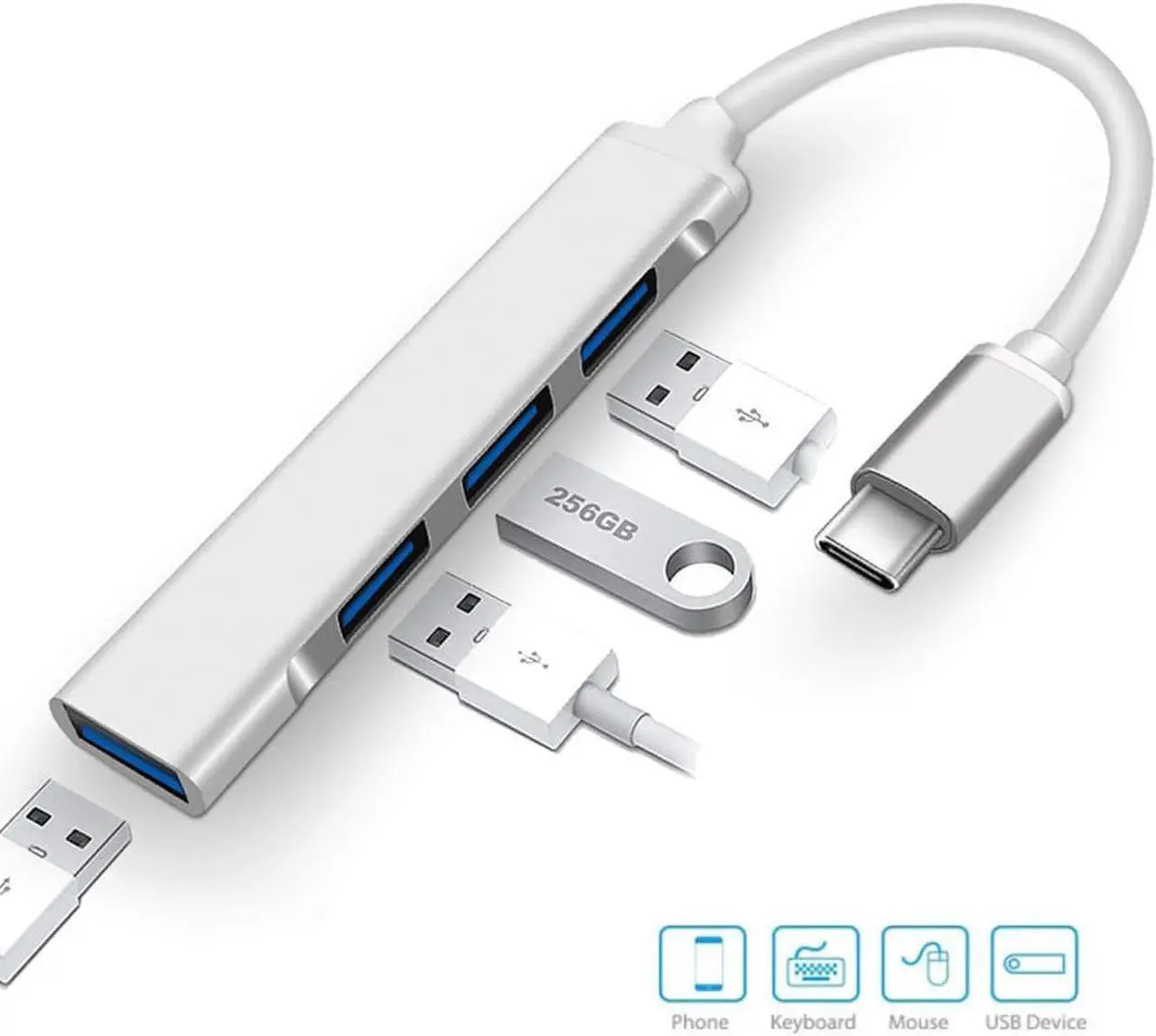 Alt view image 2 of 7 - USB C Hub, Aluminum USB C Adapter with 4 USB 3.0 Ports, for MacBook Pro 2018/2017, ChromeBook, XPS, Galaxy S9/S8, and More-Silver