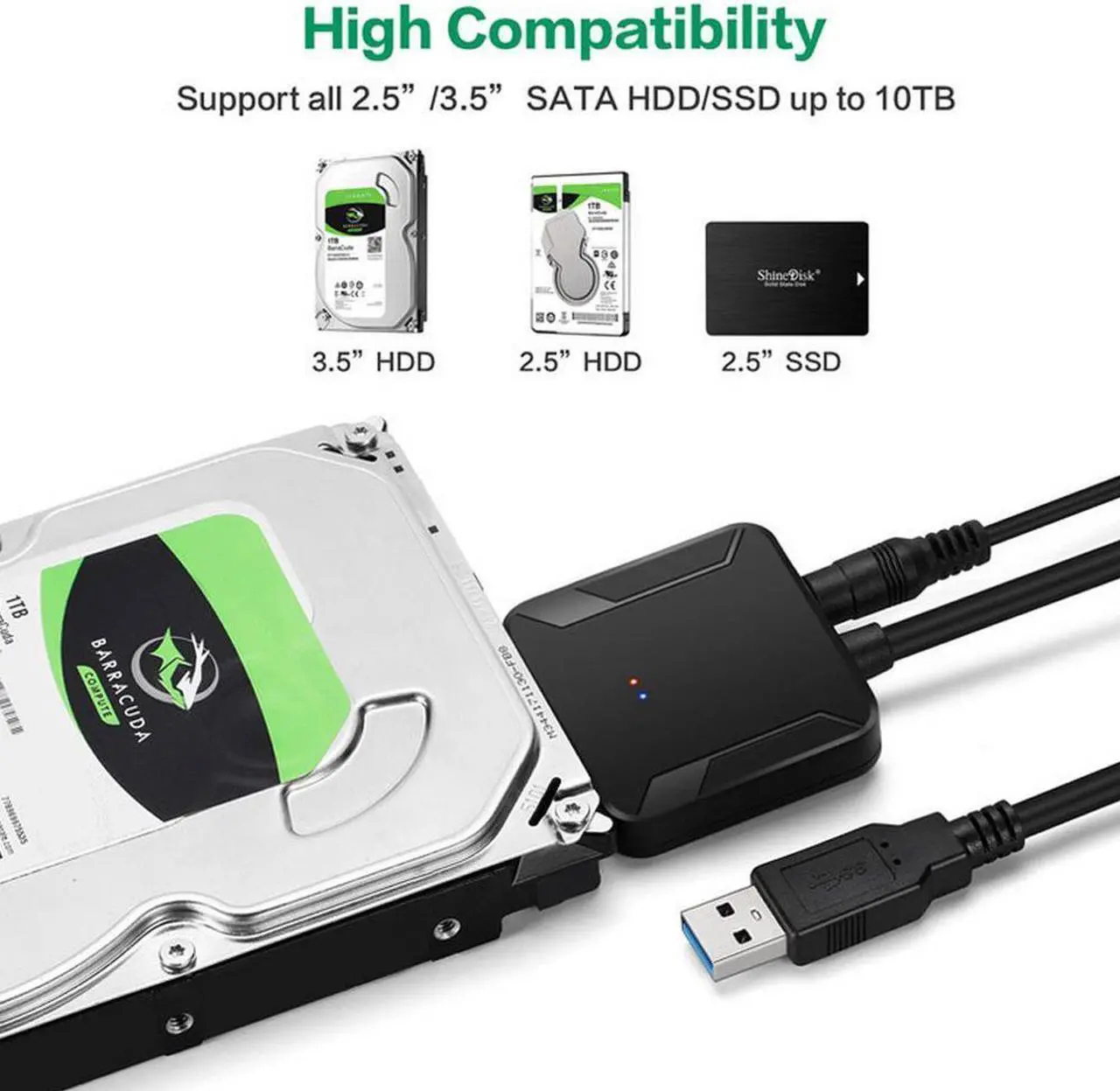 Alt view image 4 of 7 - SATA to USB3.0 Adapter, USB 3.0 to SATA, 22 pin USB Cable 3.0 to SATA us Adapter for 2.5 inch 3.5 inch HDD SSD Hard Drive,Support UASP, 12V 2A Power Adapter Included (2.5 inch 3.5 inch)