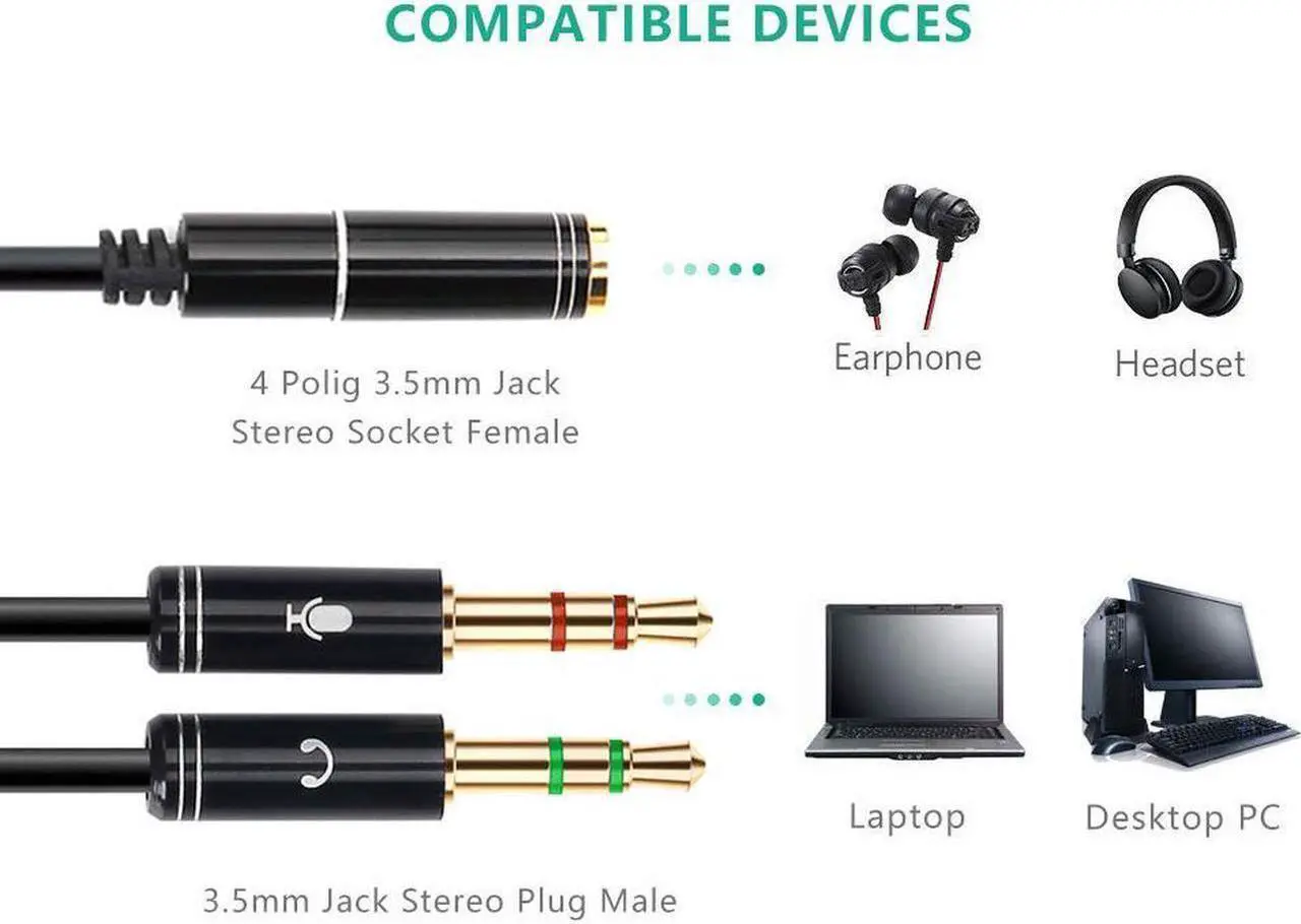 Alt view image 3 of 7 - (2 Pack) Headphones Y Cable Splitter Adapter for Computer, 3.5mm Female to 2 Male Premium Gold-Plated Corrosion-Resistant Audio Mic Y Cable for Headset Connecting to PC- 1Ft/30cm, Black