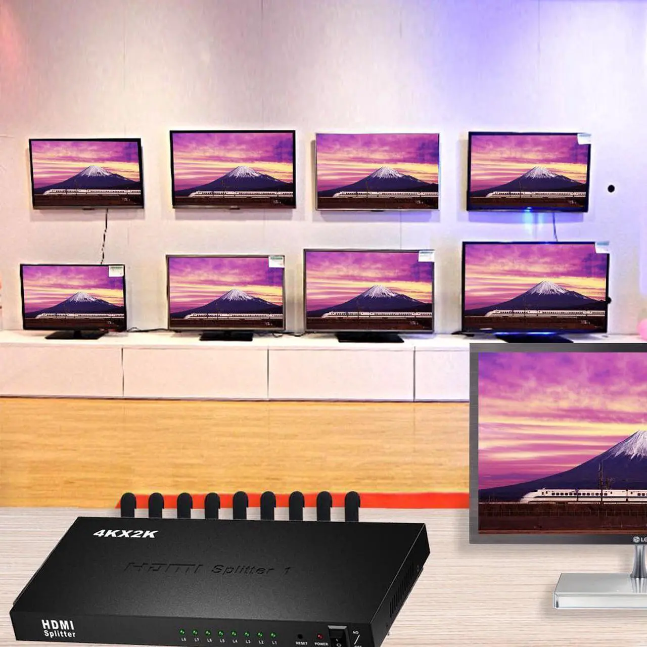 Alt view image 4 of 7 - HDMI Splitter 1 in 8 Out, 8 Port Support 3D & 4Kx2K with Power Adapter HDMI Splitter Audio Video Distributor