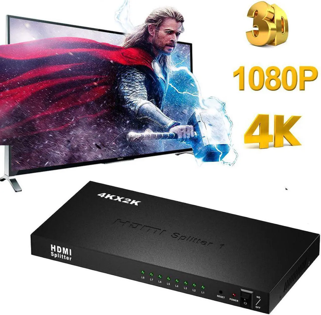 Alt view image 6 of 7 - HDMI Splitter 1 in 8 Out, 8 Port Support 3D & 4Kx2K with Power Adapter HDMI Splitter Audio Video Distributor