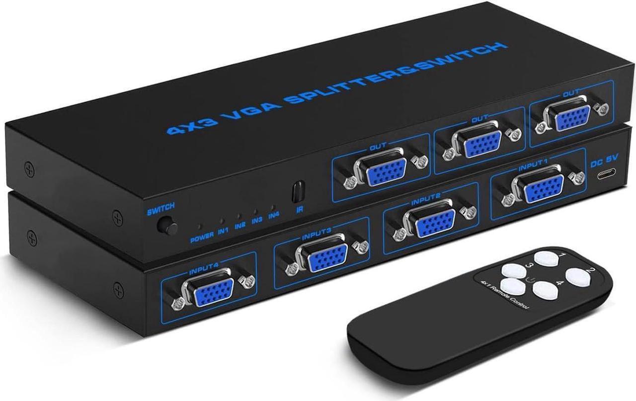 Main image of VGA Splitter 4 in 3 Out VGA Video Splitter Box 4 Port VGA Switch 4 PC to 3 Monitors/Projector Support 1920x1440 with IR Remote