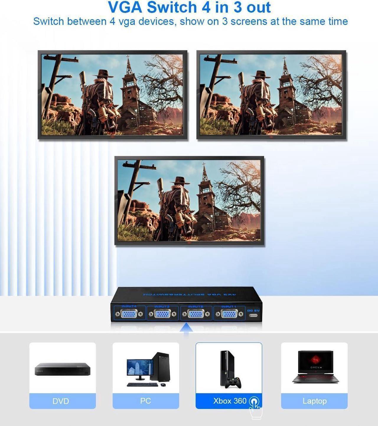 Alt view image 2 of 7 - VGA Splitter 4 in 3 Out VGA Video Splitter Box 4 Port VGA Switch 4 PC to 3 Monitors/Projector Support 1920x1440 with IR Remote