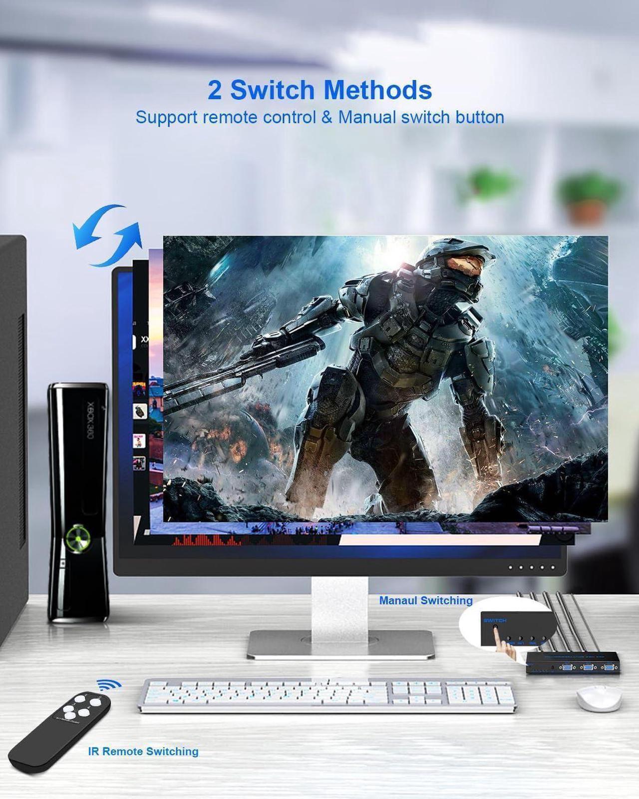 Alt view image 6 of 7 - VGA Splitter 4 in 3 Out VGA Video Splitter Box 4 Port VGA Switch 4 PC to 3 Monitors/Projector Support 1920x1440 with IR Remote