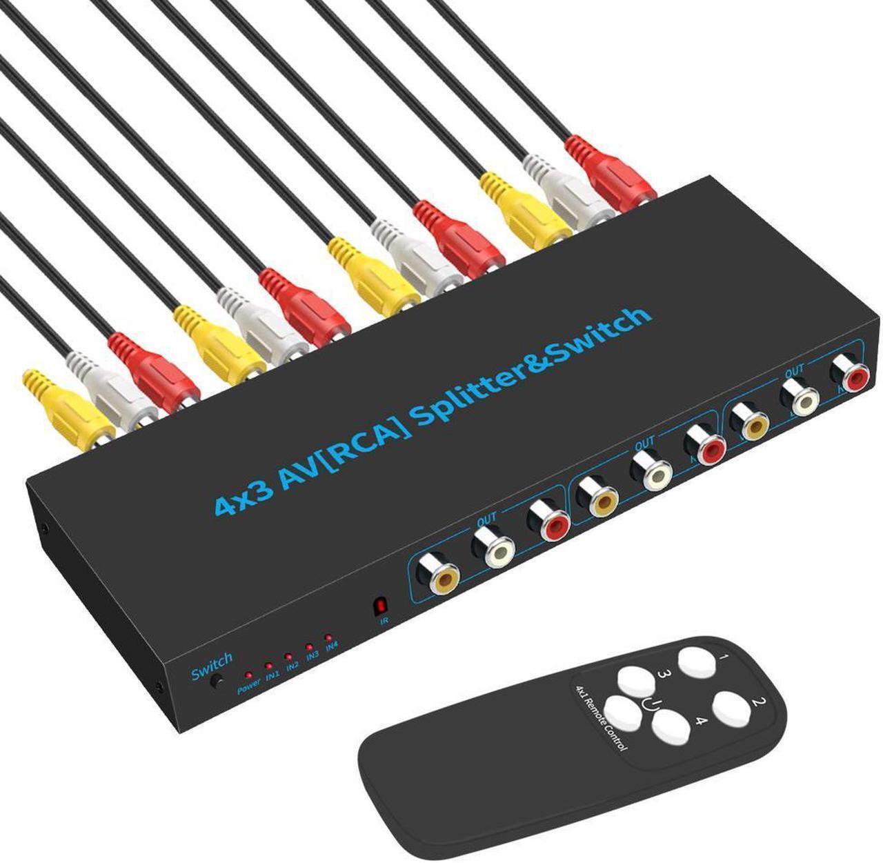 Main image of Powered 4 Way 3 RCA Splitter Box 4 in 3 Out Composite Video Audio Distribution Duplicator with Power Adapter