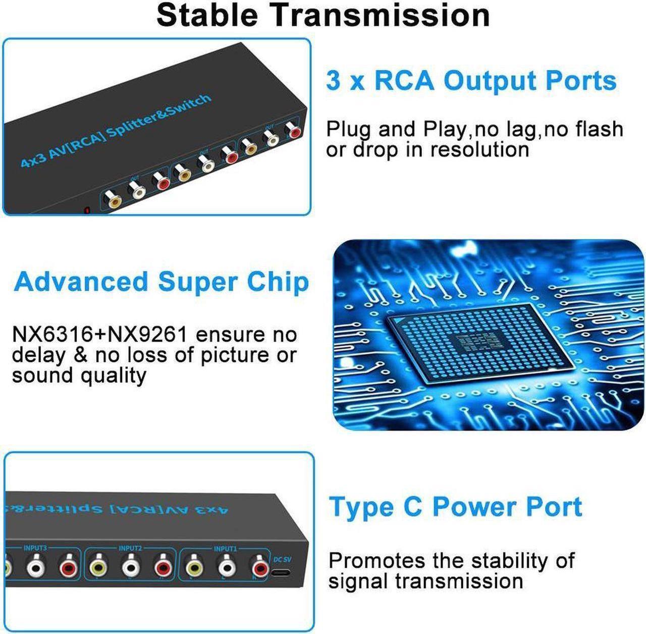 Alt view image 3 of 7 - Powered 4 Way 3 RCA Splitter Box 4 in 3 Out Composite Video Audio Distribution Duplicator with Power Adapter