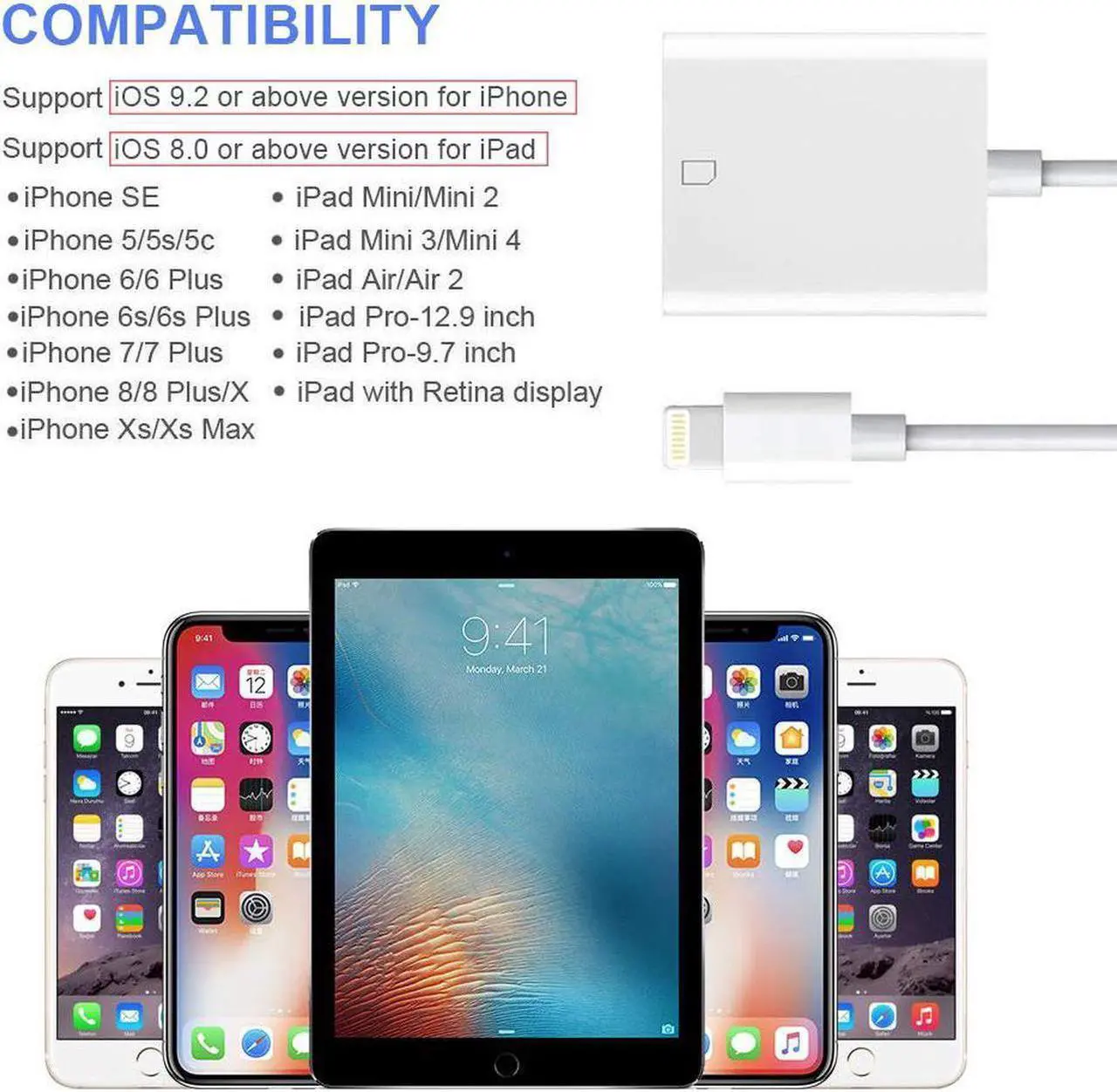 Alt view image 4 of 7 - SD Card Reader iPhone iPad, Lightning to SD Card Reader Trail Game Camera Adapter Compatible iPhone Xs Max/Xs//Xr/X/8/8 Plus/7/7 Plus/6/6s/iPad Mini/Air/Pro - Support iOS 9.2 up