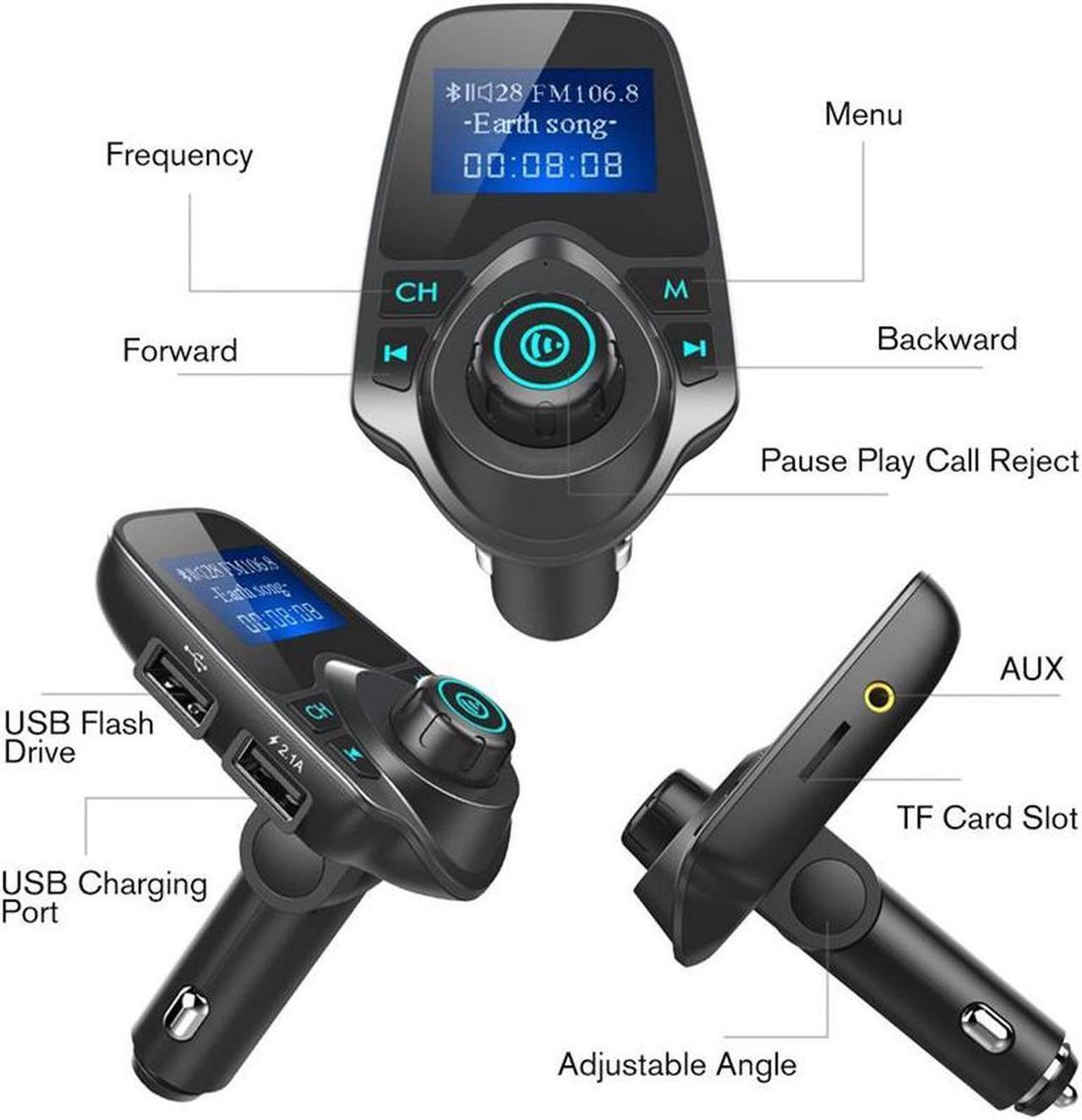 Alt view image 4 of 7 - Bluetooth FM Transmitter for Car, Wireless Radio Transmitter Adapter with Power Off Function, Hands-Free Car Kit Charger, 1.44'' LCD Diaplay, Music Player, 2 USB Ports, AUX In/Out, TF Card