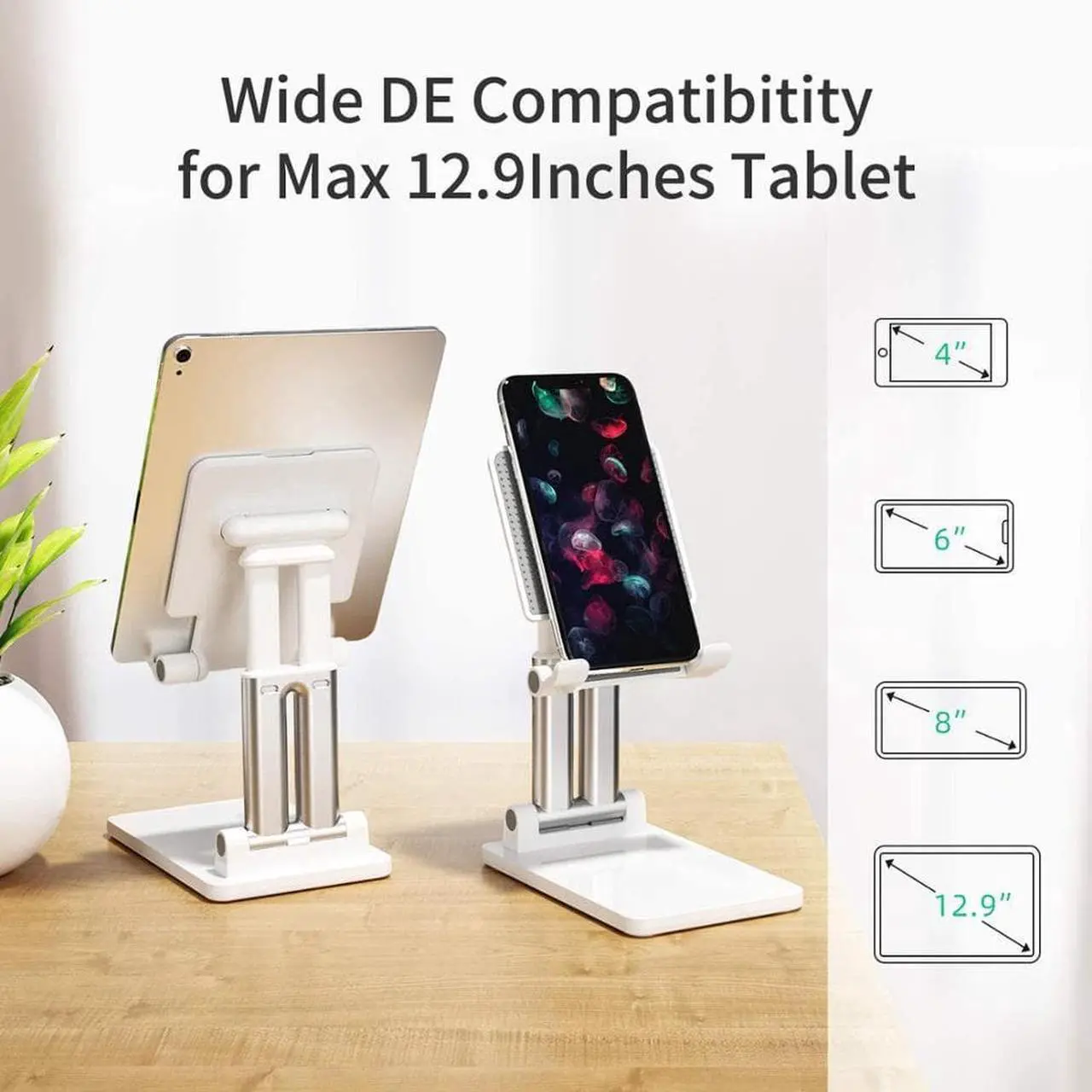 Alt view image 2 of 7 - Cell Phone Stand for Desk - Adjustable Angle Height iPhone Stand for Desk, Foldable Desktop Phone Holder, Tablet Stand Compatible for 4-12.9'' Cell Phone/Tablet (White)