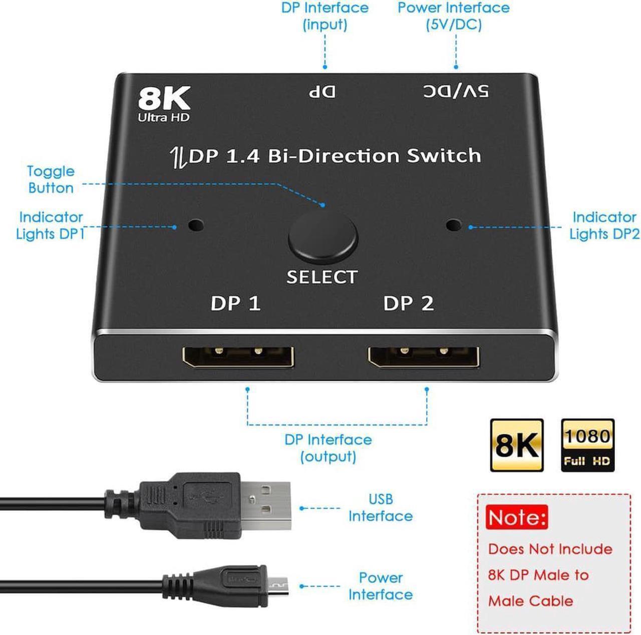 Alt view image 2 of 7 - 8K Displayport Bidirectional Splitter Switcher, DP to 2 DP Splitter, 2DP to 1 DP Switcher, Multi Stream Transport Hub, for Computer Monitor Projector TV