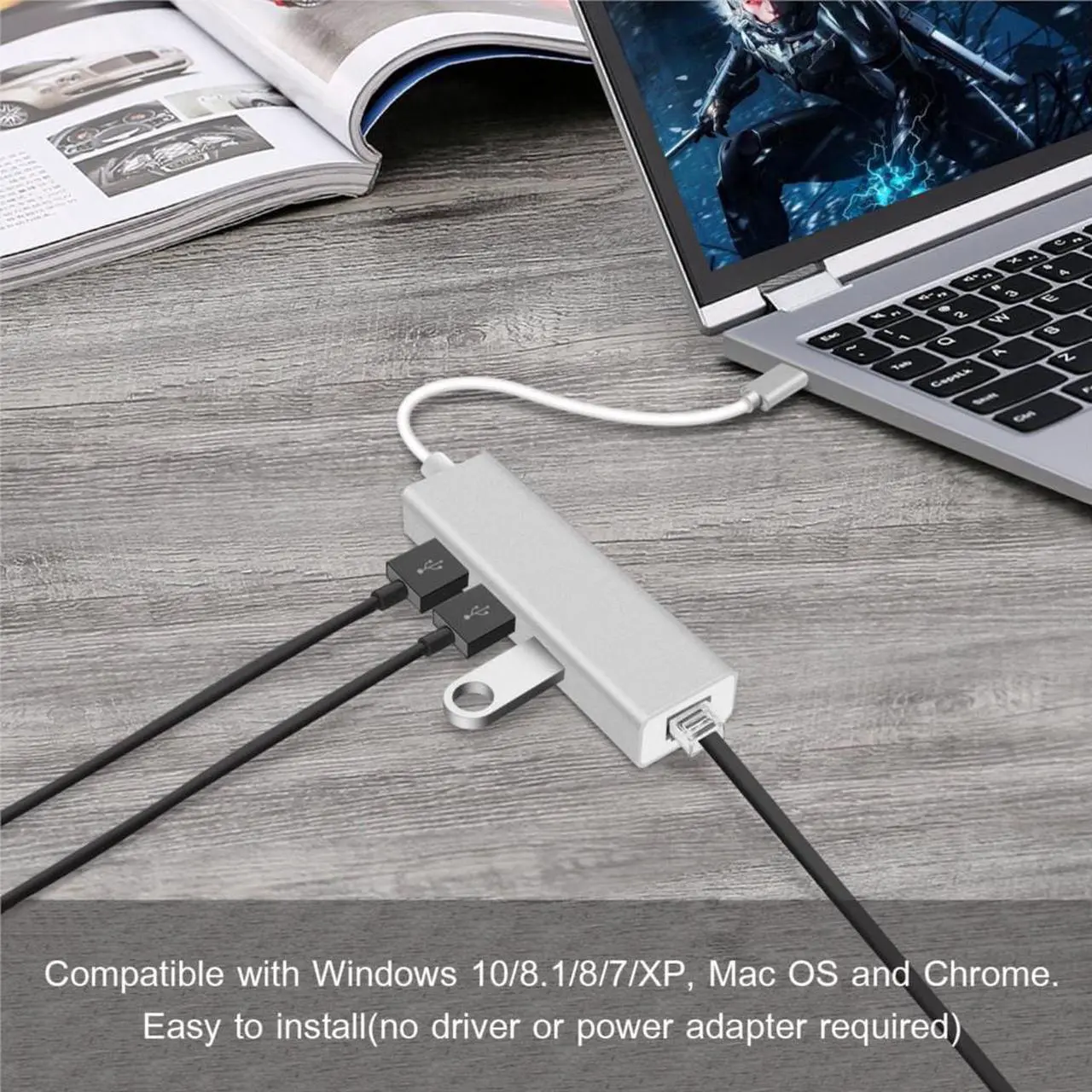 Alt view image 7 of 7 - USB C To Ethernet Adapter - Ethernet To USB C/Thunderbolt 3 To RJ45 Wired Network Convert Adapter with 3 USB 3.0, Plug & Play, Compatible With Mac Book,MacBook 2019/2018/2017 and More  - Gray