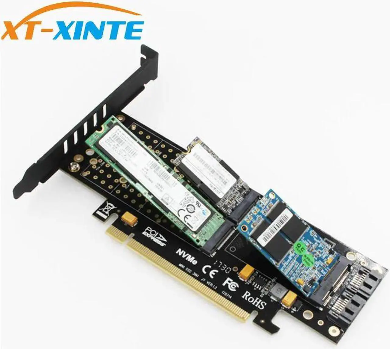 Alt view image 5 of 5 - M.2 NVMe SSD NGFF to PCIE 3.0 X16 Adapter M Key B Key mSATA PCI Express 3.0 NVME m2 SSD AHCI mSATA 3 in 1 Converter Riser card