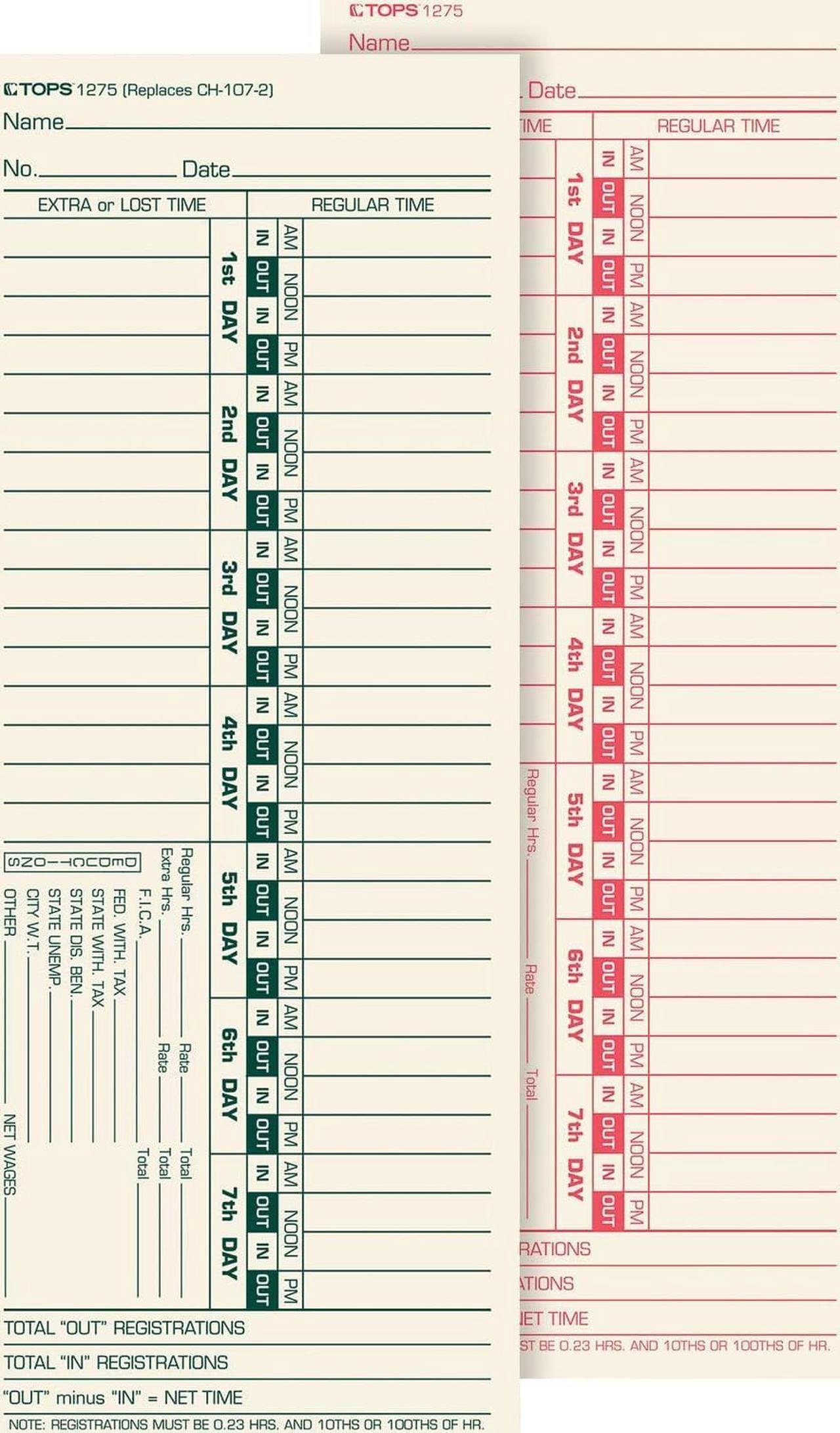 TOPS Time Cards, Bi-Weekly, 2-Sided, Numbered Days, 3-1/2" x 9", Manila, Green/Red Print, 500-Count (1275)