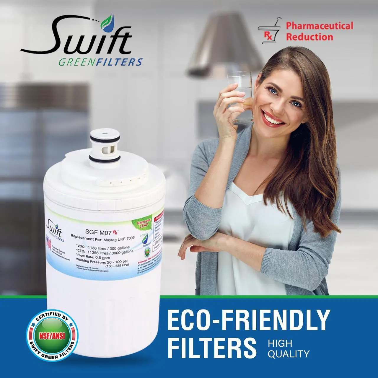 Alt view image 3 of 7 - Swift Green Filters SGF-M07 Rx Compatible Pharmaceuticals Refrigerator Water Filter for UKF7003, UKF7001, EDR7D1, Filter 7, Made in USA