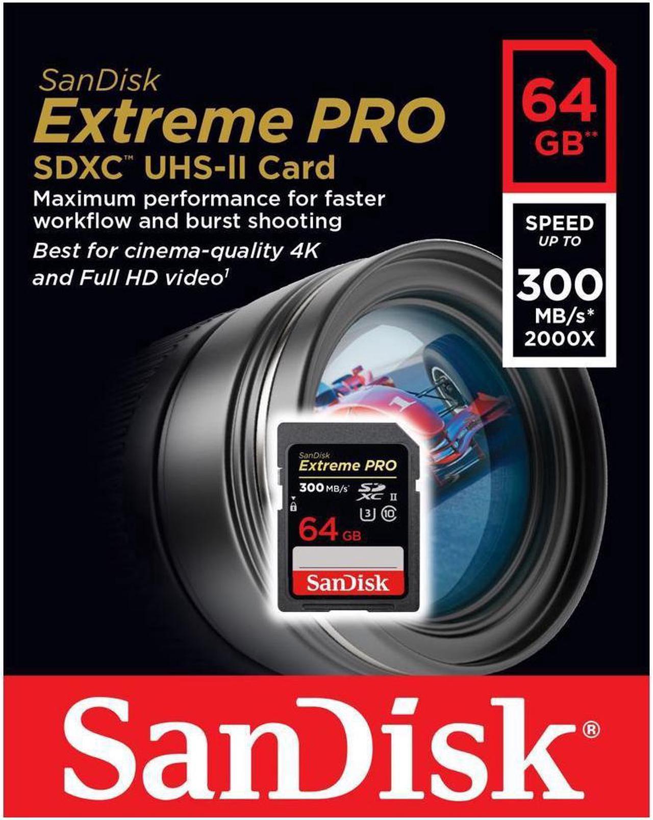 SanDisk 64GB Extreme Pro SDXC UHS-II/U3 Class 10 Memory Card, Speed Up to 300MB/s (SDXPK-064G-G64)