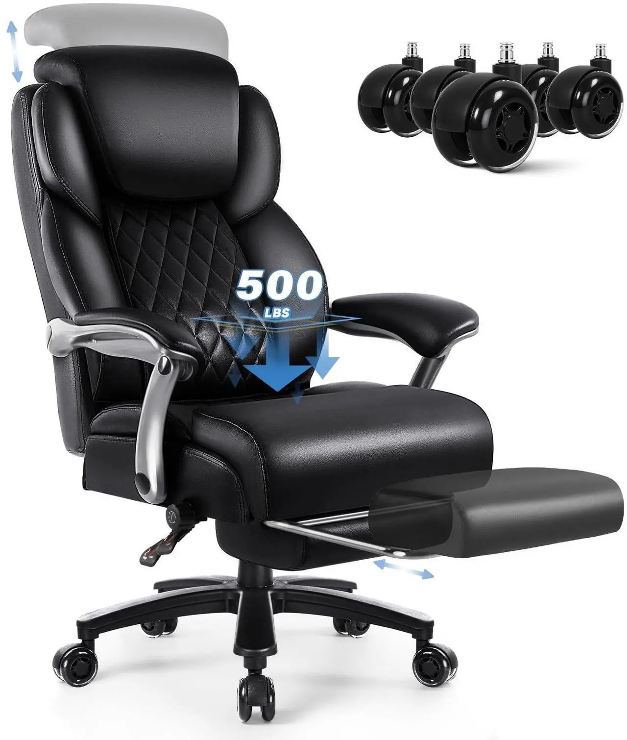 Main image of VITESSE 500lbs Big and Tall Office Chair with Foot Rest and Lifting Headrest,Large Heavy Duty Chair with Adjustable Lumber Support,Executive Office Chair,Leather Chair for Heavy People (Black)