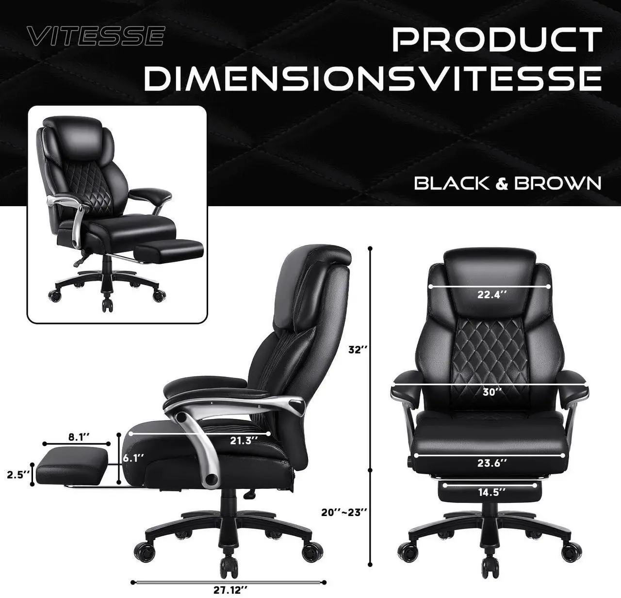 Alt view image 2 of 7 - VITESSE 500lbs Big and Tall Office Chair with Foot Rest and Lifting Headrest,Large Heavy Duty Chair with Adjustable Lumber Support,Executive Office Chair,Leather Chair for Heavy People (Black)