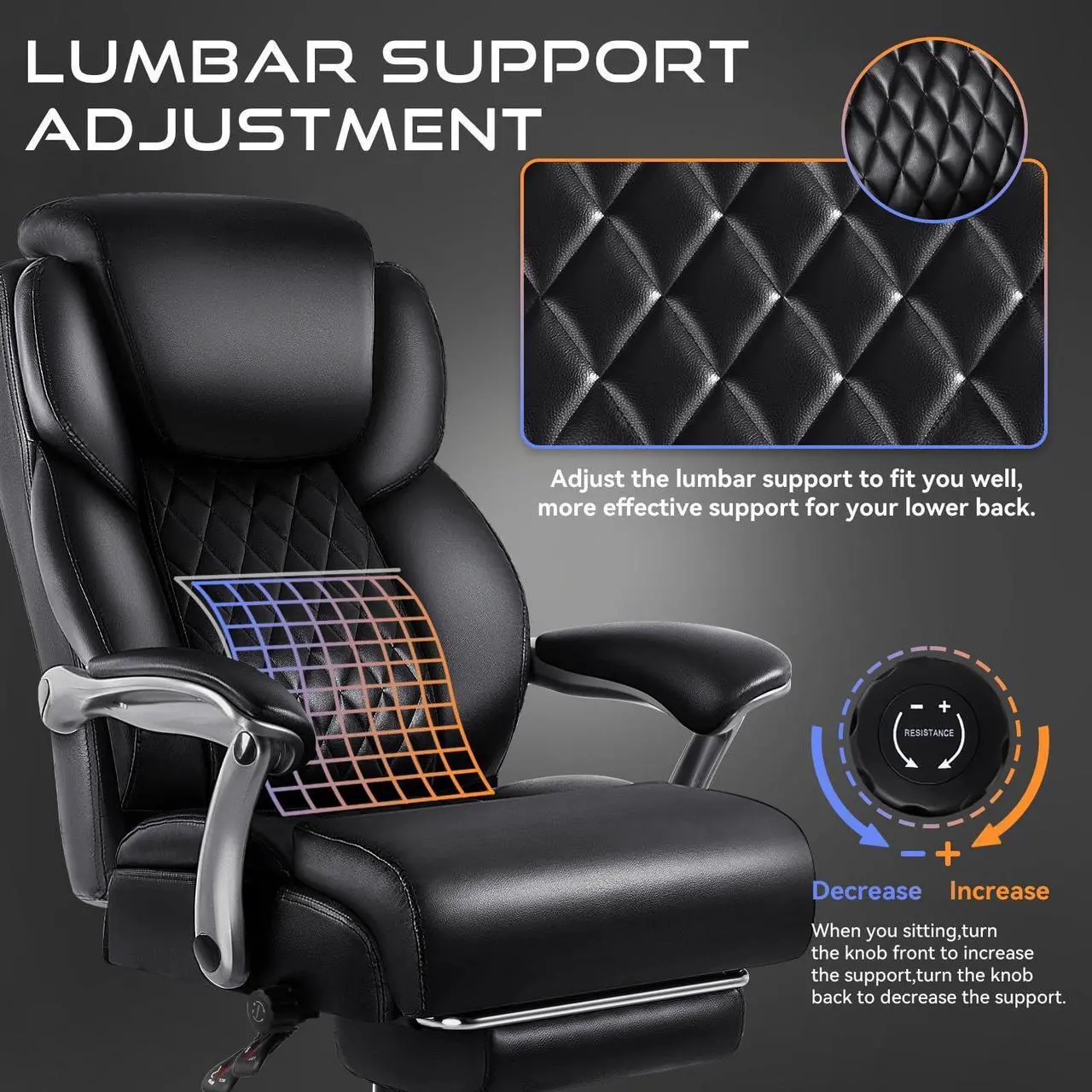 Alt view image 4 of 7 - VITESSE 500lbs Big and Tall Office Chair with Foot Rest and Lifting Headrest,Large Heavy Duty Chair with Adjustable Lumber Support,Executive Office Chair,Leather Chair for Heavy People (Black)