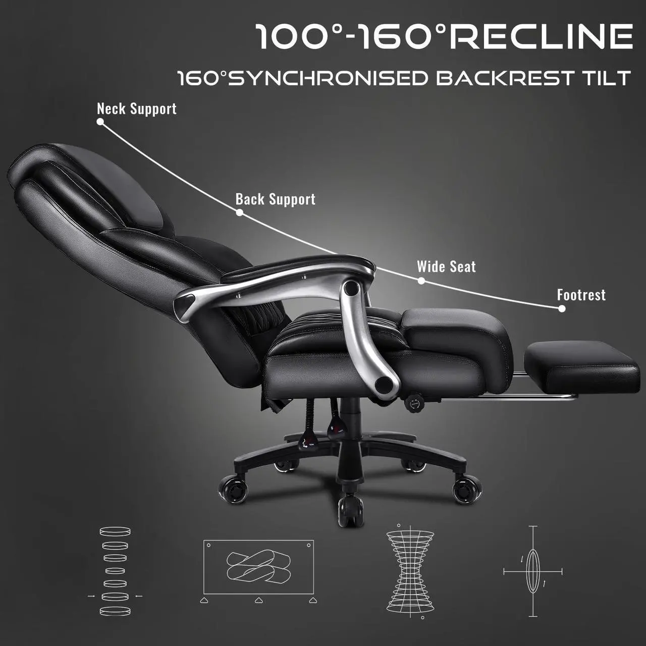 Alt view image 3 of 7 - VITESSE 500lbs Big and Tall Office Chair with Foot Rest and Lifting Headrest,Large Heavy Duty Chair with Adjustable Lumber Support,Executive Office Chair,Leather Chair for Heavy People (Black)