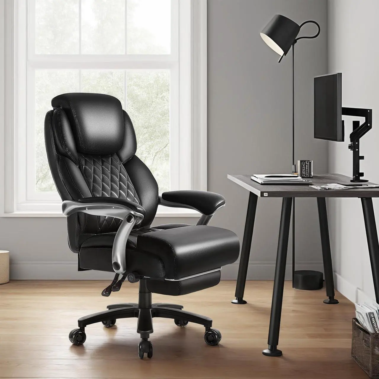 Alt view image 7 of 7 - VITESSE 500lbs Big and Tall Office Chair with Foot Rest and Lifting Headrest,Large Heavy Duty Chair with Adjustable Lumber Support,Executive Office Chair,Leather Chair for Heavy People (Black)