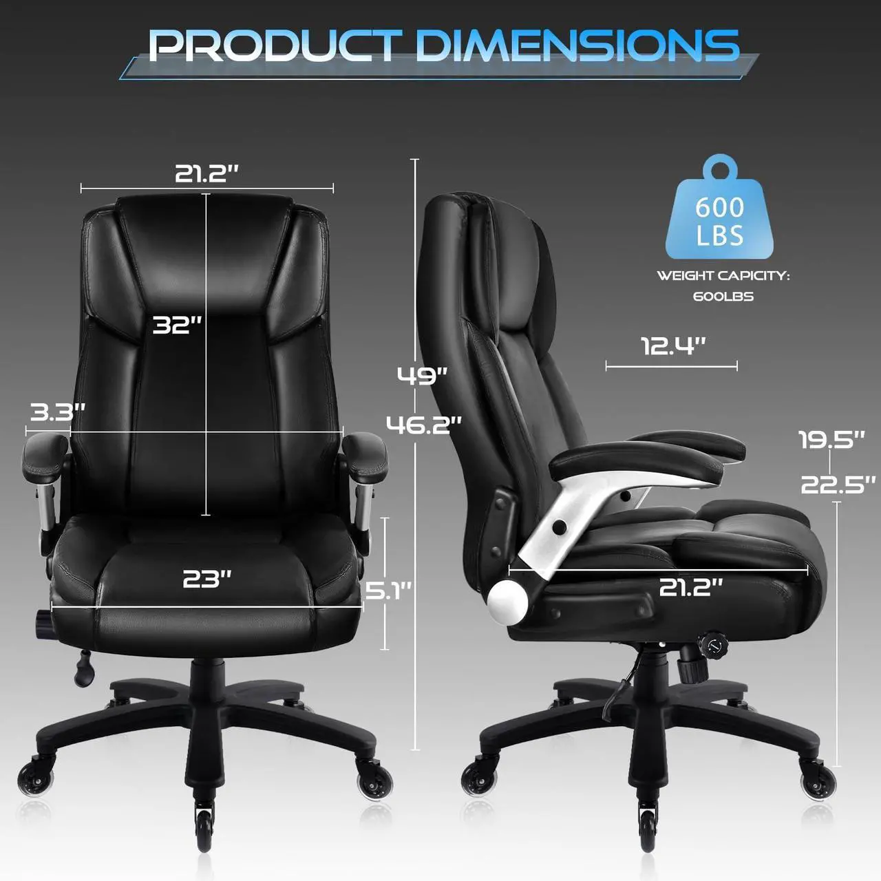 Alt view image 7 of 7 - VITESSE 600lbs Big and Tall Office Chair with Flip up Armrest, Large Heavy Duty  with Ergonomic Lumbar Support, Executive Office Chair for Heavy People with Quiet Rubber Wheel (Black)