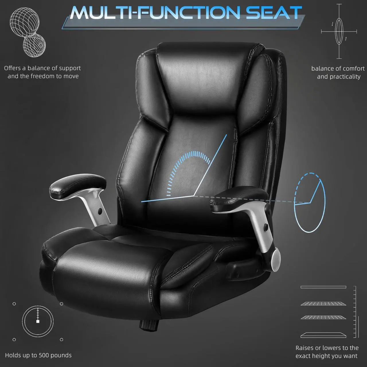 Alt view image 2 of 7 - VITESSE 600lbs Big and Tall Office Chair with Flip up Armrest, Large Heavy Duty  with Ergonomic Lumbar Support, Executive Office Chair for Heavy People with Quiet Rubber Wheel (Black)