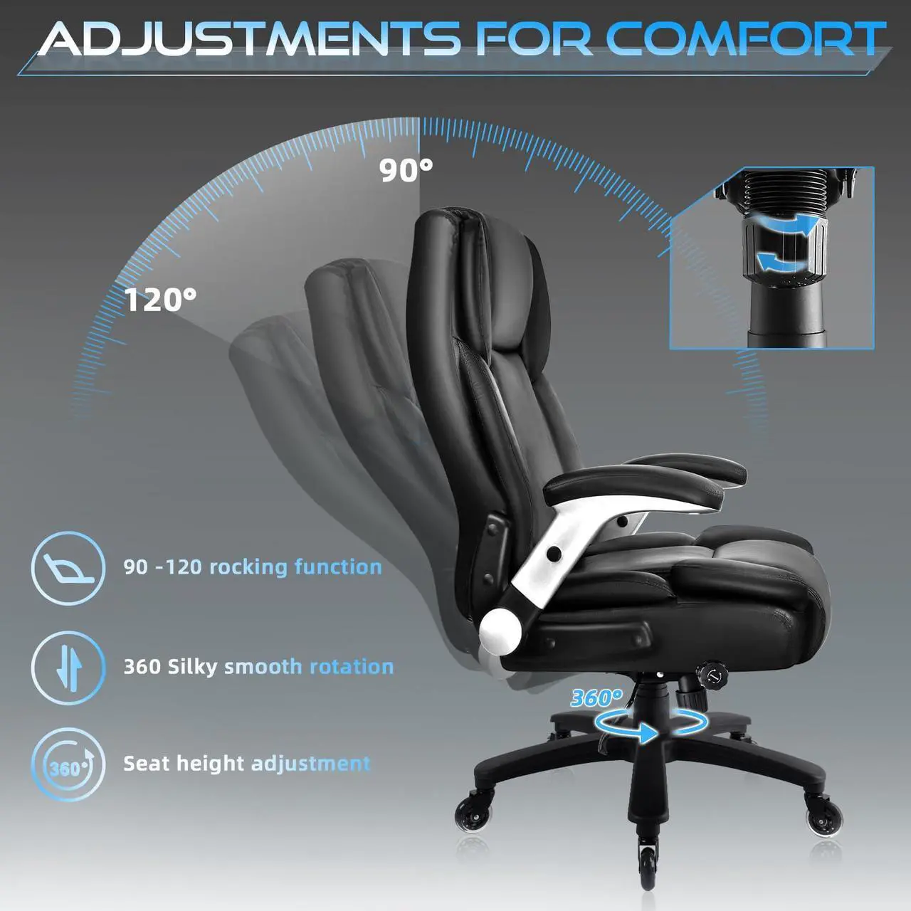Alt view image 4 of 7 - VITESSE 600lbs Big and Tall Office Chair with Flip up Armrest, Large Heavy Duty  with Ergonomic Lumbar Support, Executive Office Chair for Heavy People with Quiet Rubber Wheel (Black)