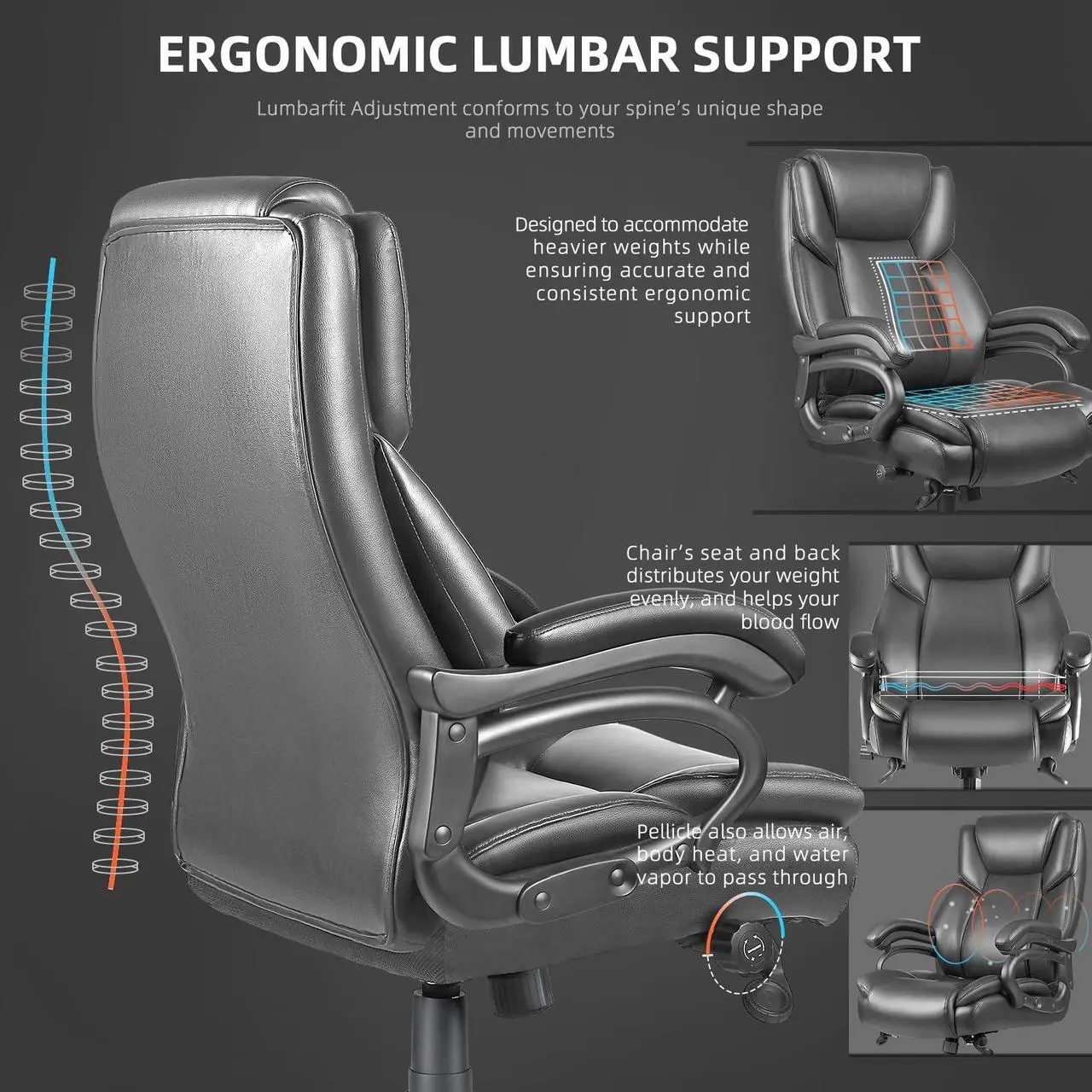 Alt view image 3 of 6 - VITESSE 500lbs Heavy Duty Office Chair for Low Back Pain Relief, Big and Tall Office Chair with Ergonomic Lumbar Support, High Back Executive Chair with Quiet Rubber Wheel
